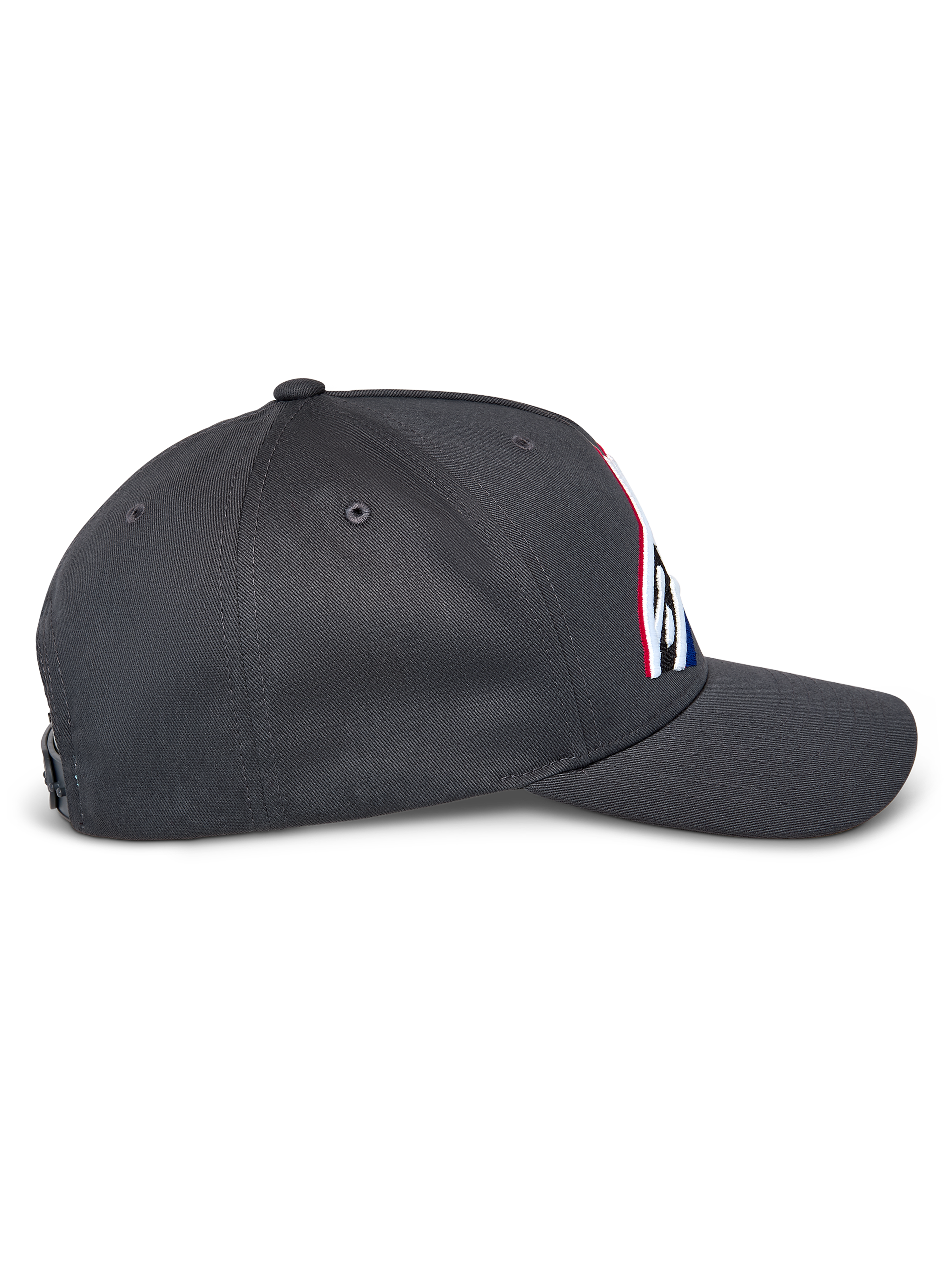 Czapka Alpinestars Lucid Snapback, widok z boku, grafitowa, zakrzywiony daszek i usztywniona korona, haftowane logo z przodu z wielokolorowym wypełnieniem, codzienna czapka typu snapback inspirowana sportami motorowymi