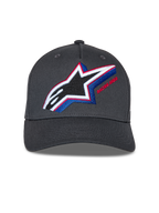 Alpinestars Lucid Snapback Hat, ciemnoszara czapka z daszkiem, wielokolorowe haftowane logo Astars z czerwonymi i niebieskimi akcentami, zakrzywiony daszek, ustrukturyzowana korona, casualowa odzież uliczna w stylu motorsport