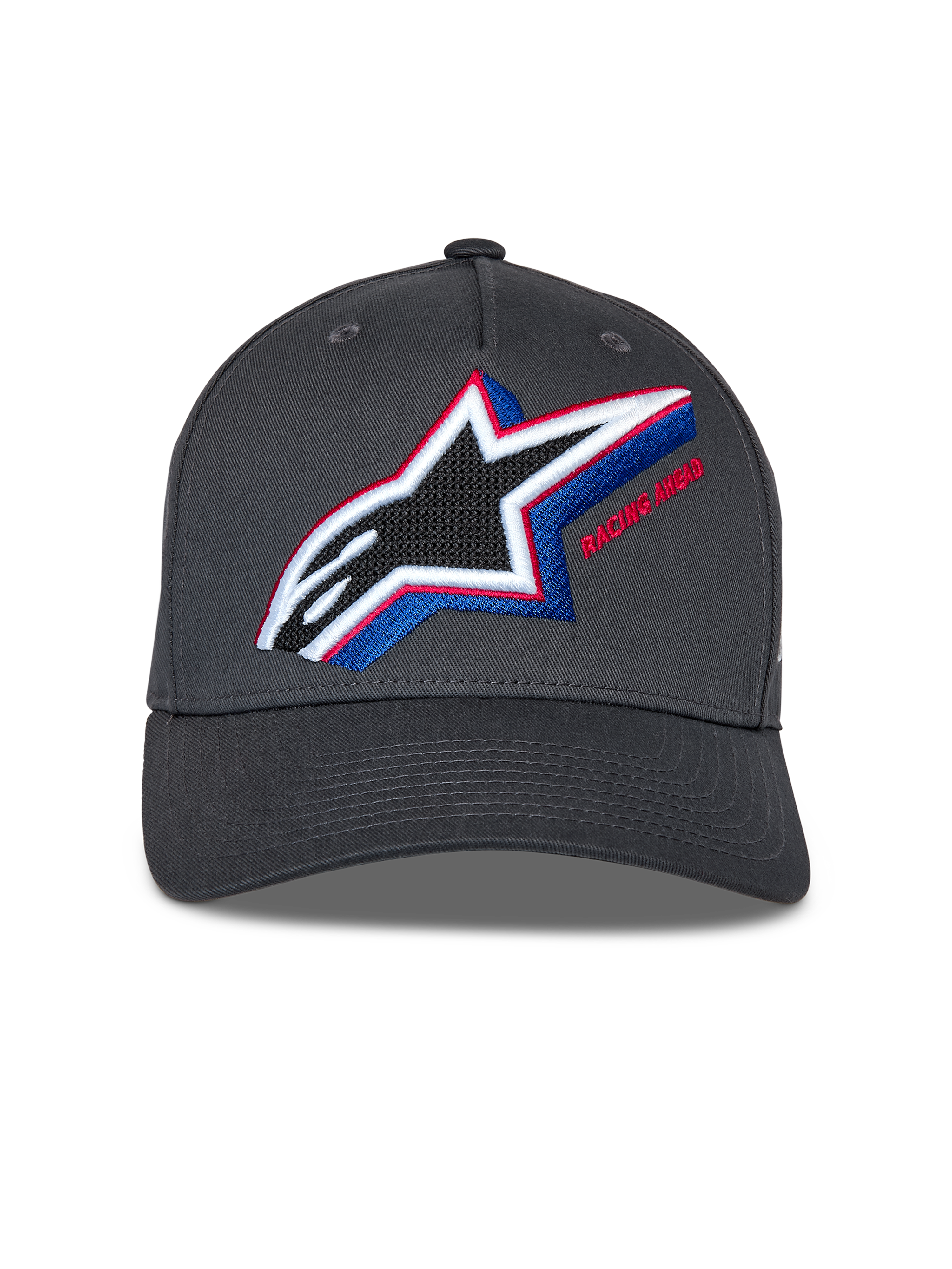 Alpinestars Lucid Snapback Hat, ciemnoszara czapka z daszkiem, wielokolorowe haftowane logo Astars z czerwonymi i niebieskimi akcentami, zakrzywiony daszek, ustrukturyzowana korona, casualowa odzież uliczna w stylu motorsport