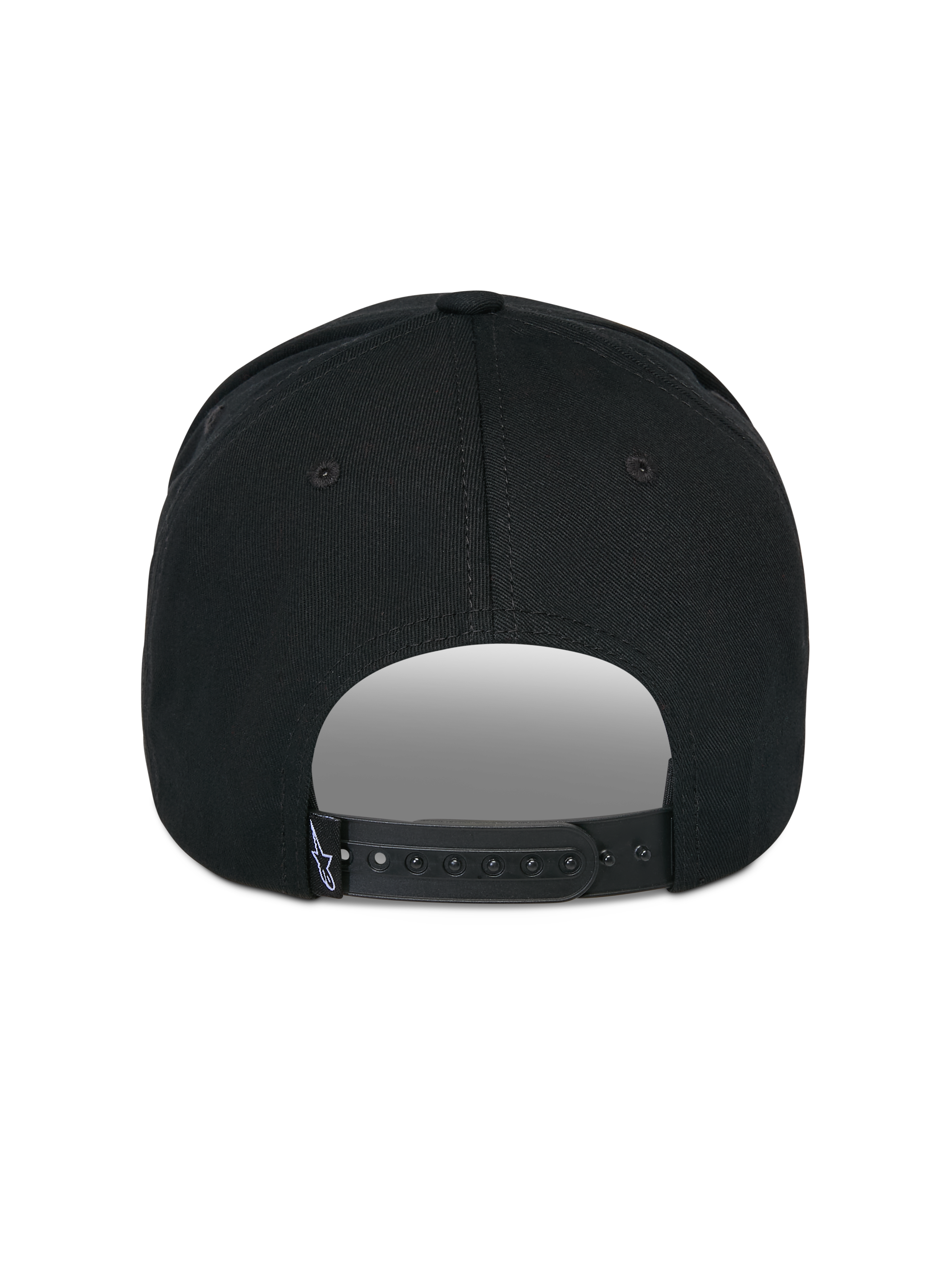 Alpinestars Matrix Snapback Hat, czarna czapka z daszkiem, widok z tyłu, regulowane zapięcie typu snapback z małą białą metką z logo, usztywniona korona i zakrzywiony daszek, casualowa odzież streetwear inspirowana motorsportem