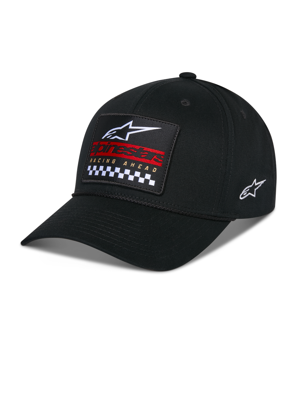 Alpinestars Matrix Snapback Hat, czarna czapka z daszkiem, zakrzywiony daszek i usztywniona korona, z przodu wielokolorowa haftowana naszywka z logo Alpinestars, czerwone elementy marki i wzór w szachownicę, z boku haftowane logo, codzienne nakrycie głowy motorsport