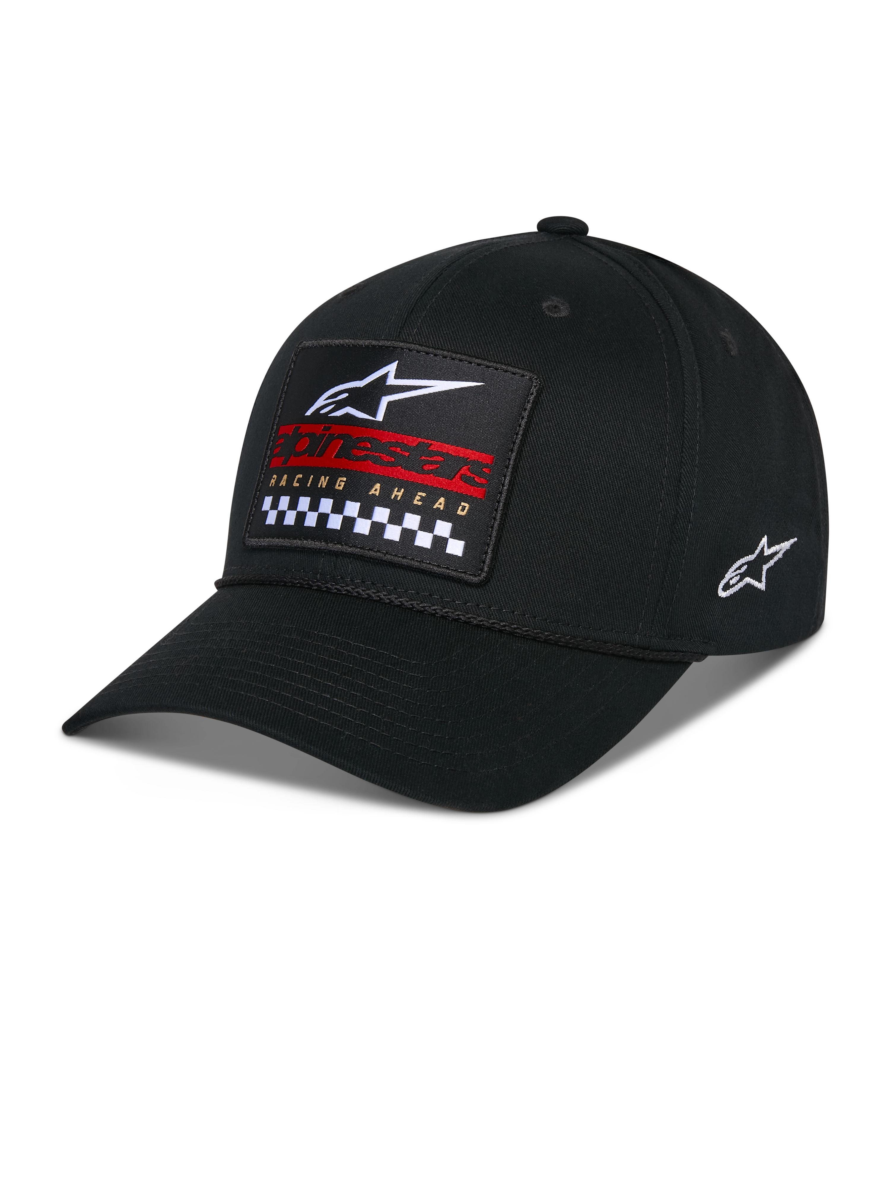 Alpinestars Matrix Snapback Hat, czarna czapka z daszkiem, zakrzywiony daszek i usztywniona korona, z przodu wielokolorowa haftowana naszywka z logo Alpinestars, czerwone elementy marki i wzór w szachownicę, z boku haftowane logo, codzienne nakrycie głowy motorsport
