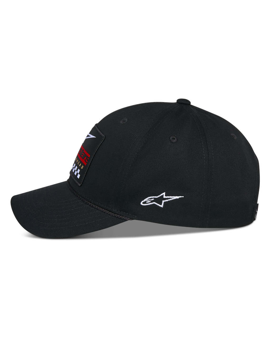 Alpinestars Matrix Snapback Hat, czarna czapka z daszkiem, widok z boku, zakrzywiony daszek i usztywniona korona, wielokolorowa haftowana naszywka z przodu i białe logo Astars z boku, konstrukcja z bawełnianego twillu