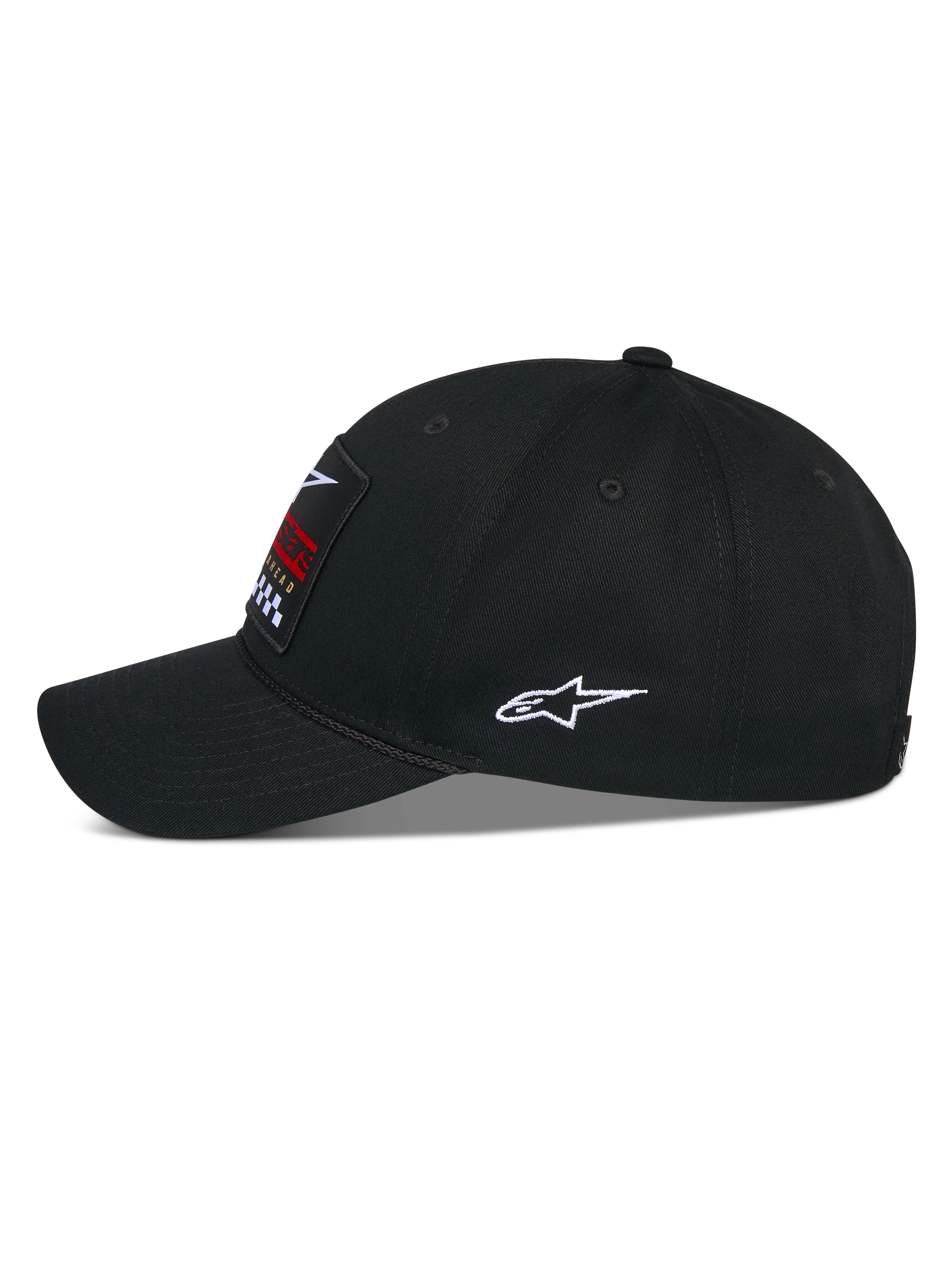 Alpinestars Matrix Snapback Hat, czarna czapka z daszkiem, widok z boku, zakrzywiony daszek i usztywniona korona, wielokolorowa haftowana naszywka z przodu i białe logo Astars z boku, konstrukcja z bawełnianego twillu