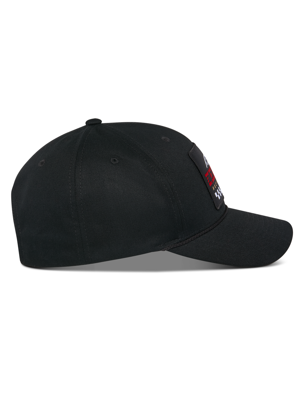 Czapka Alpinestars Matrix Snapback, profil boczny, czarna czapka z bawełnianego kepru z zakrzywionym daszkiem i usztywnioną koroną, wielokolorowa haftowana naszywka z przodu, codzienna odzież uliczna w stylu motorsport