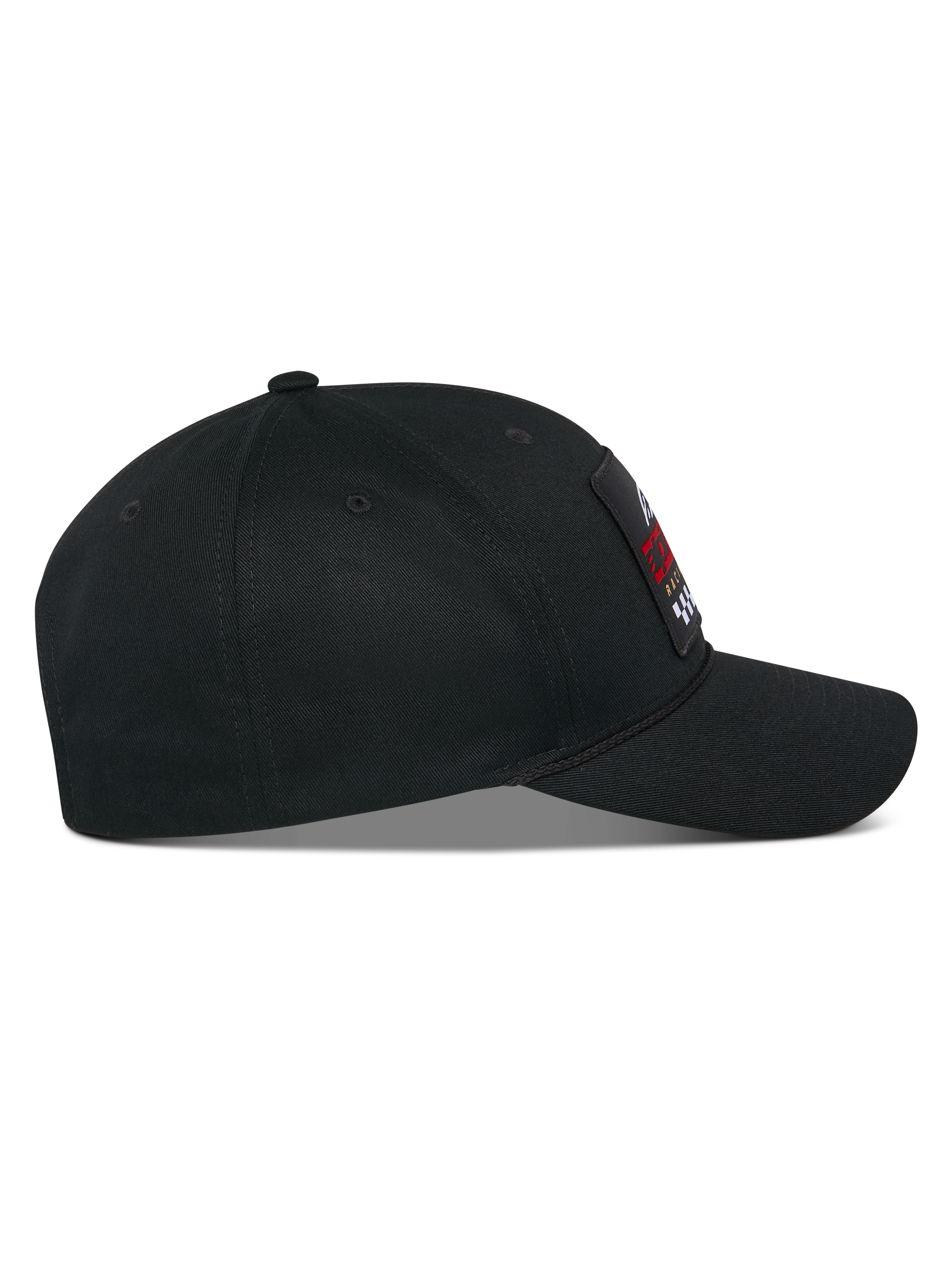 Czapka Alpinestars Matrix Snapback, profil boczny, czarna czapka z bawełnianego kepru z zakrzywionym daszkiem i usztywnioną koroną, wielokolorowa haftowana naszywka z przodu, codzienna odzież uliczna w stylu motorsport