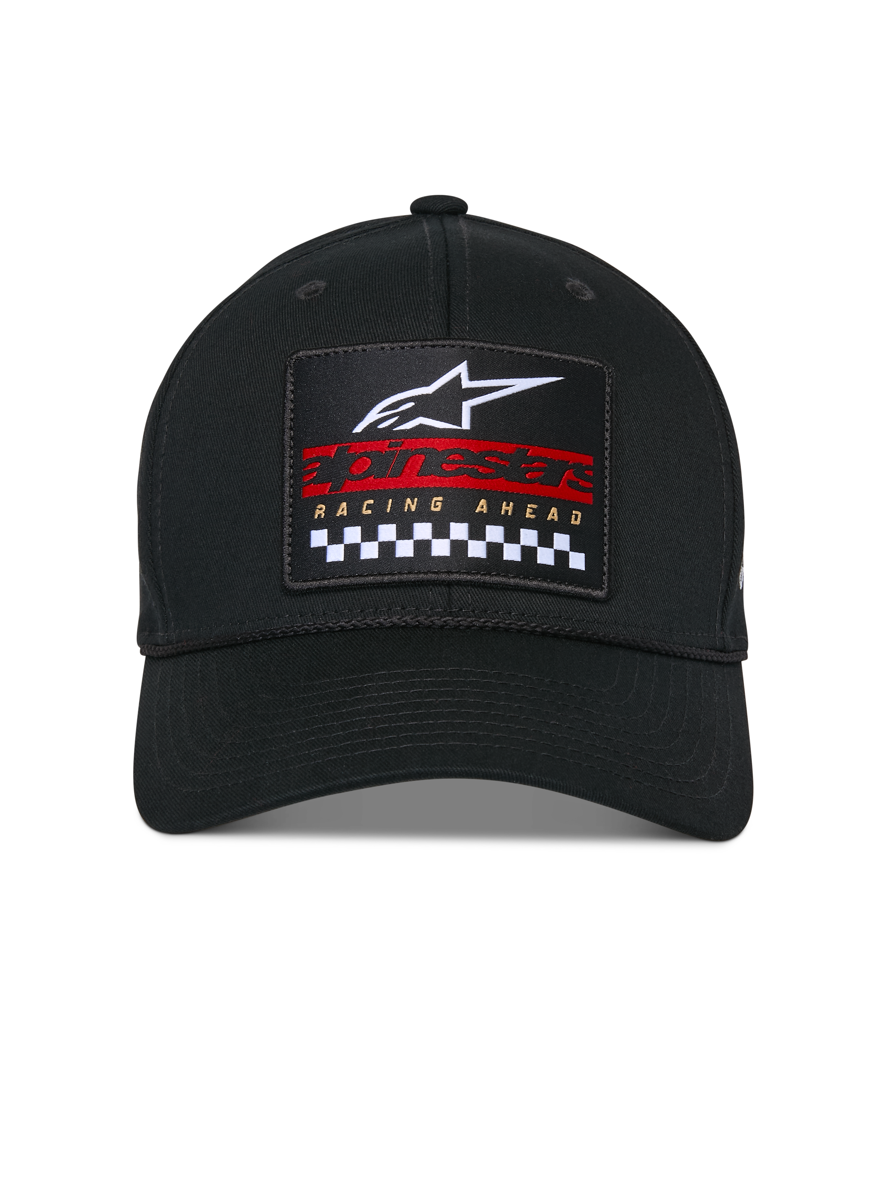 Alpinestars Matrix Snapback Hat, czarna czapka z daszkiem, usztywniona korona i zakrzywiony daszek, widok z przodu z wielokolorową haftowaną naszywką z białym logo Astars, czerwonym napisem marki i czarno-białym wzorem szachownicy, codzienne nakrycie głowy w stylu motorsportowym