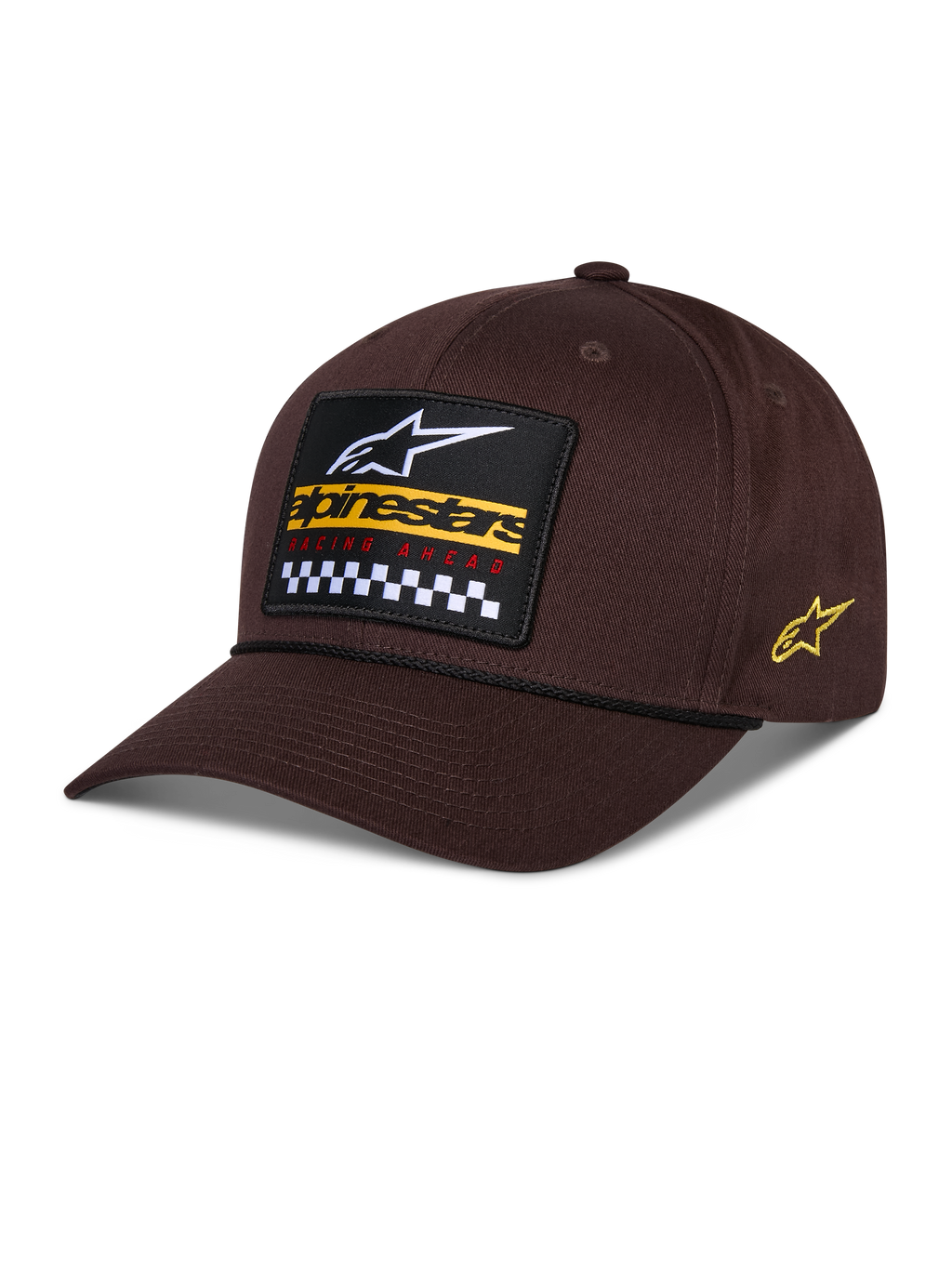 Alpinestars Matrix Snapback Hat, brązowa czapka z daszkiem, z haftowaną naszywką z przodu z białym logo, żółtym napisem i wzorem w szachownicę, bocznym logo Astars, wygiętym daszkiem, codzienna odzież sportowa