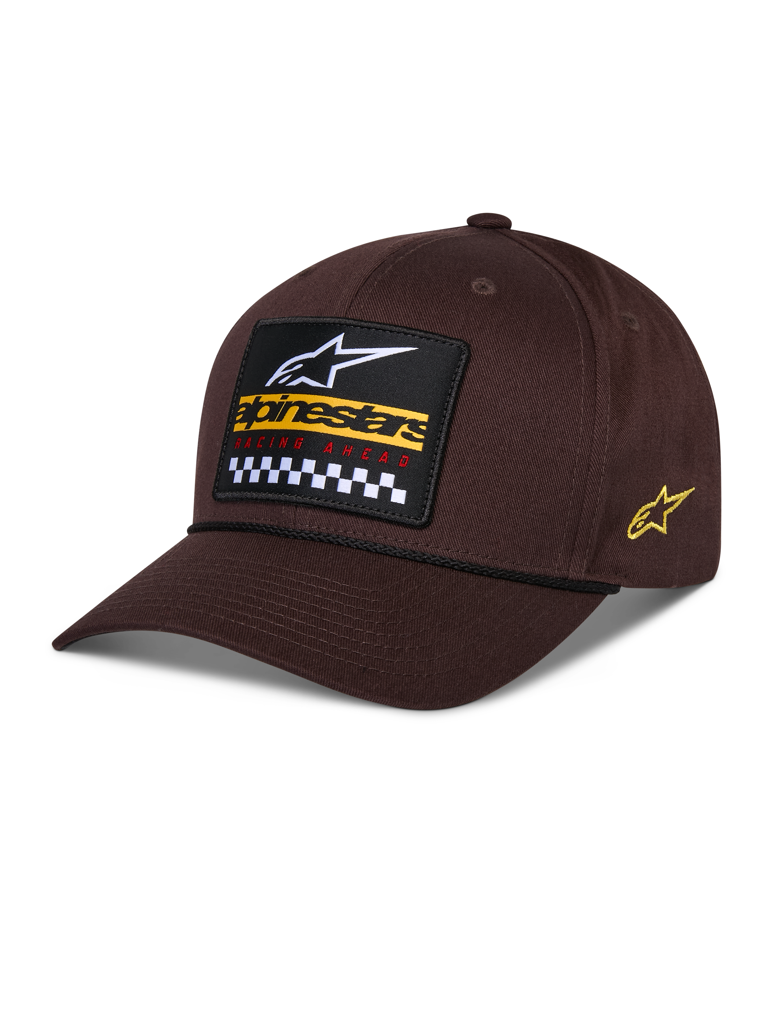 Alpinestars Matrix Snapback Hat, brązowa czapka z daszkiem, z haftowaną naszywką z przodu z białym logo, żółtym napisem i wzorem w szachownicę, bocznym logo Astars, wygiętym daszkiem, codzienna odzież sportowa