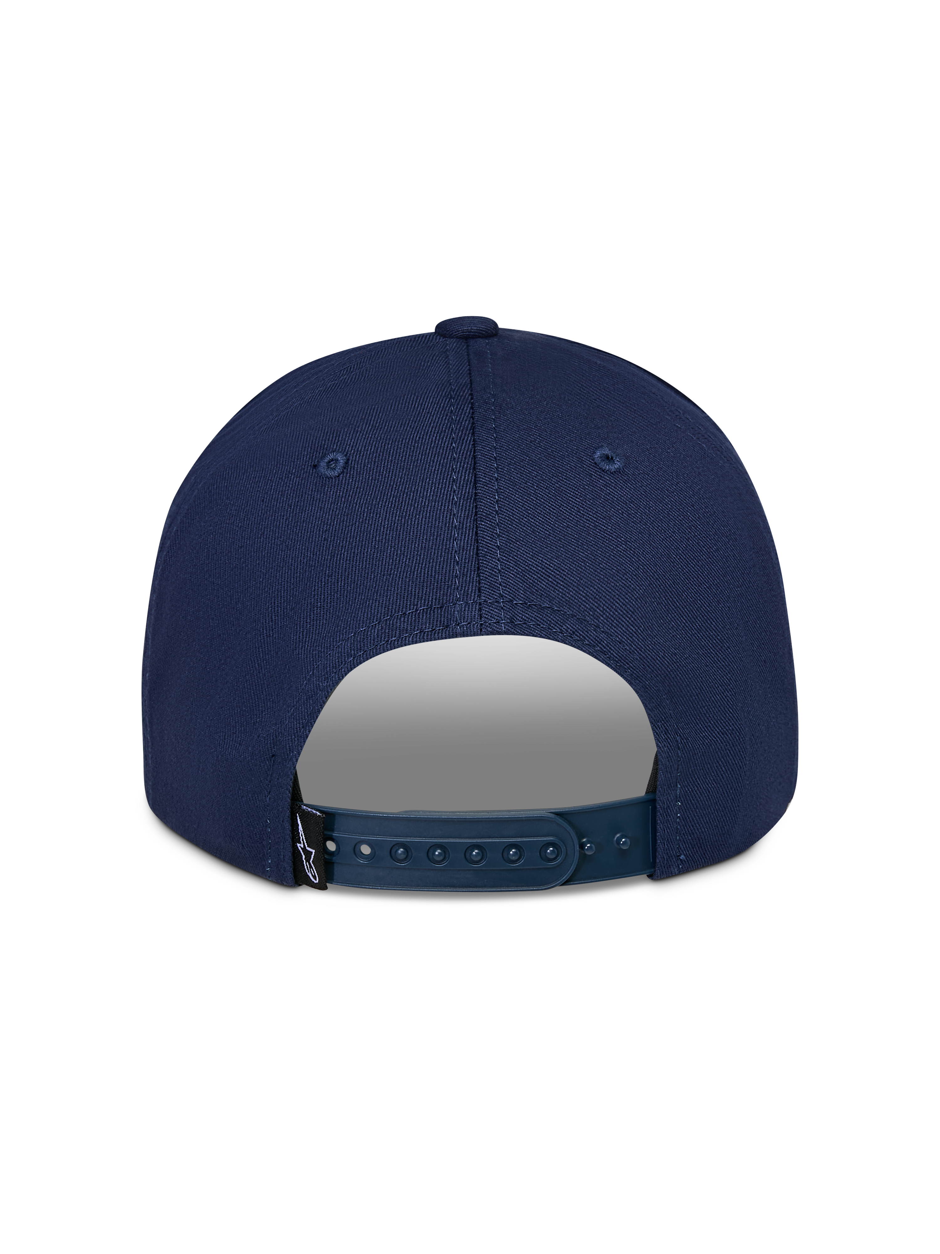 Czapka Alpinestars Trifecta Snapback, granatowa, widok z tyłu z regulowanym zapięciem typu snapback, mała czarna metka z logo, wytrzymały bawełniany twill, codzienna moda uliczna w stylu motorsport