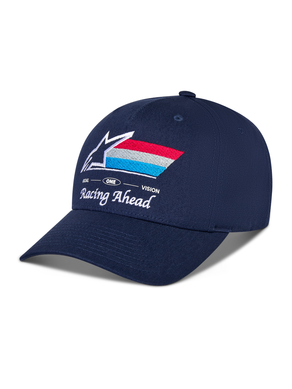 Alpinestars Trifecta Snapback Hat, granatowa czapka z daszkiem, zakrzywiony daszek i usztywniona korona, haftowane z przodu logo Astars z czerwonymi, białymi i jasnoniebieskimi paskami, biały napis 'Racing Ahead' i 'Goal One Vision', sportowe nakrycie głowy