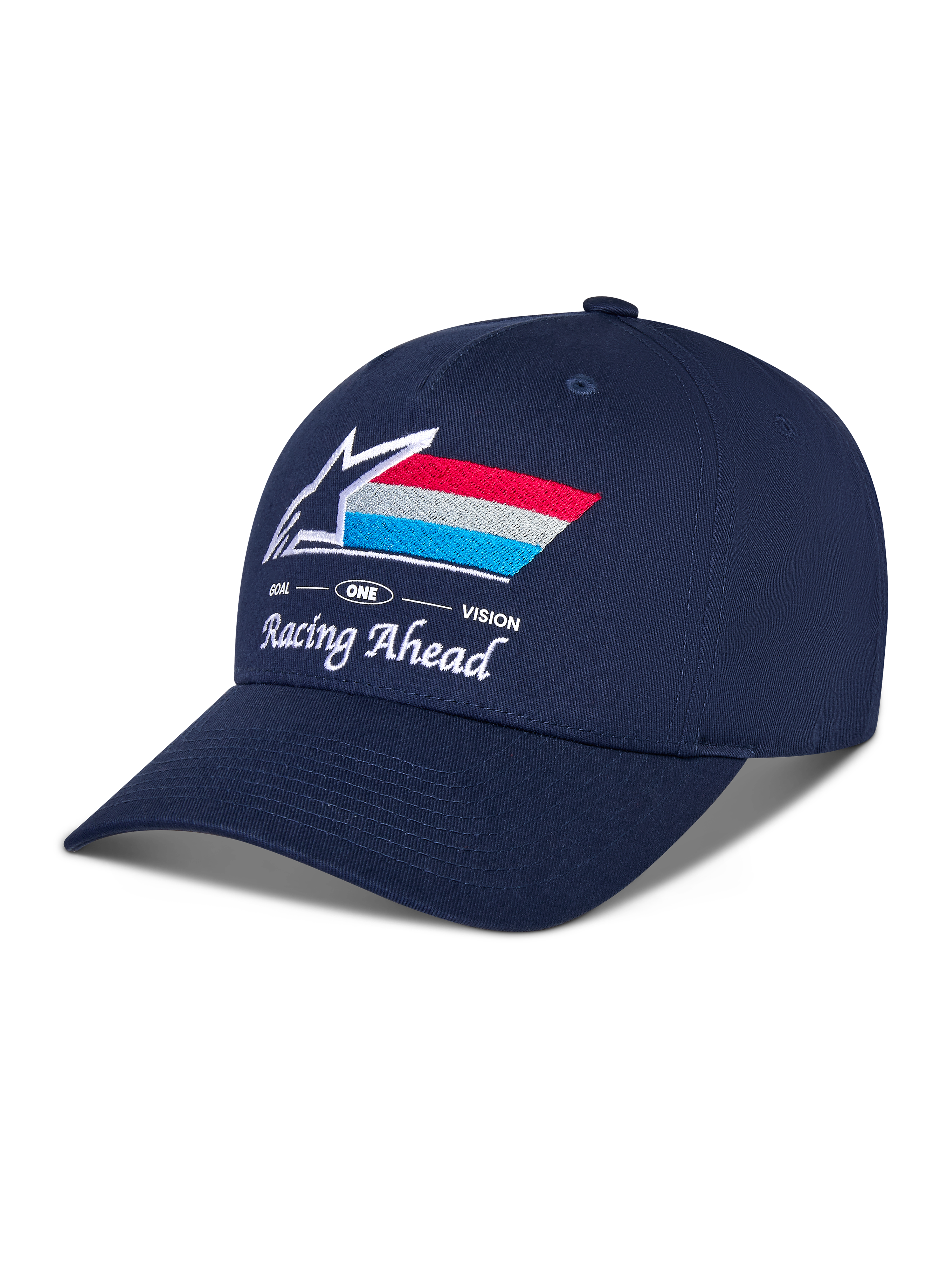 Alpinestars Trifecta Snapback Hat, granatowa czapka z daszkiem, zakrzywiony daszek i usztywniona korona, haftowane z przodu logo Astars z czerwonymi, białymi i jasnoniebieskimi paskami, biały napis 'Racing Ahead' i 'Goal One Vision', sportowe nakrycie głowy