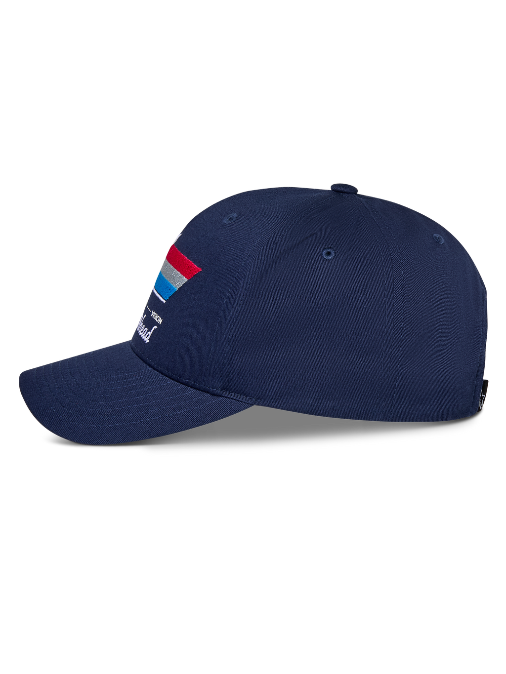 Alpinestars Trifecta Snapback Hat, granatowa czapka z daszkiem, widok z boku, zakrzywiony daszek, trójkolorowa grafika z paskiem i białym napisem, codzienne nakrycie głowy w stylu motorsportowym