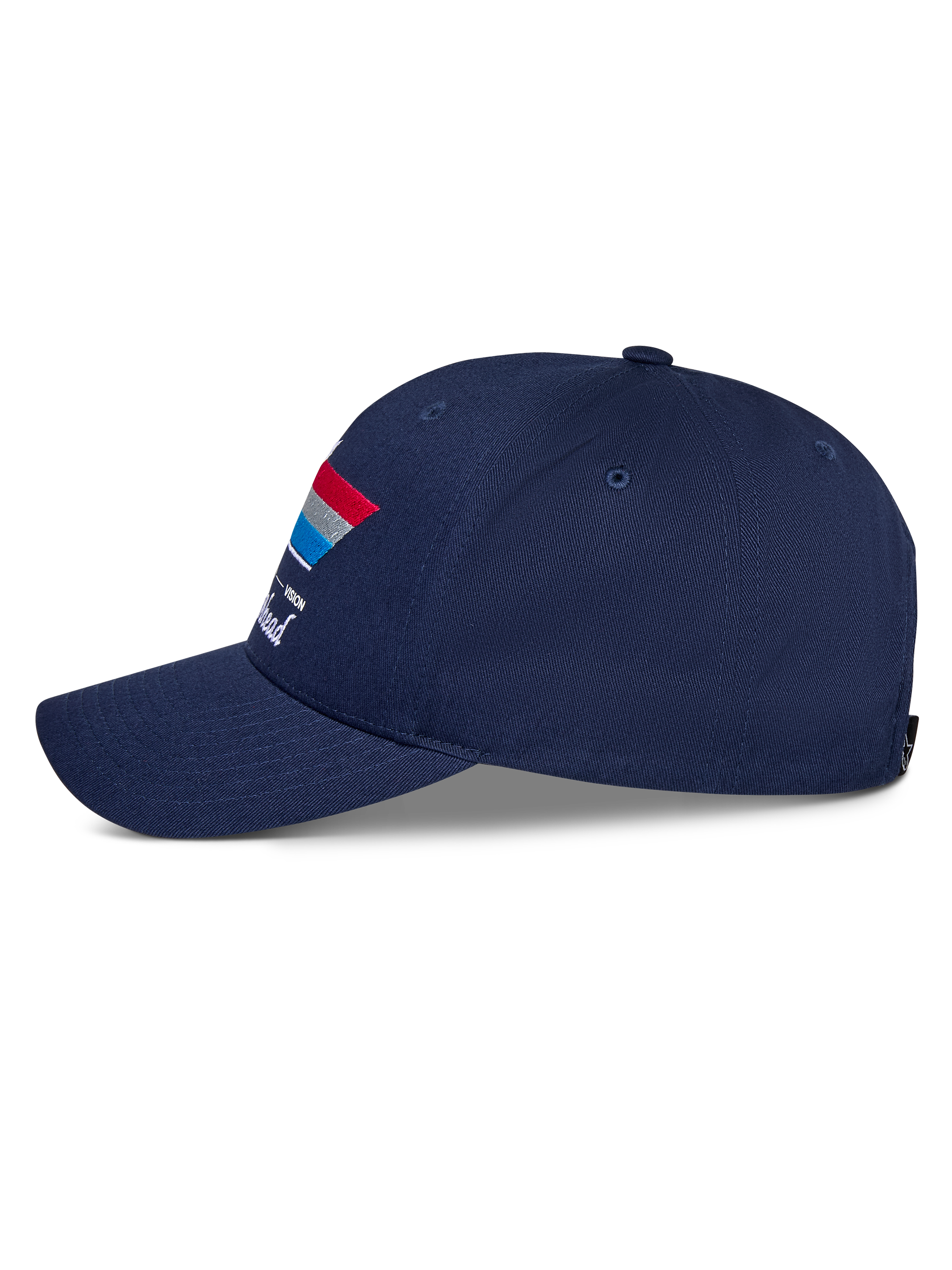 Alpinestars Trifecta Snapback Hat, granatowa czapka z daszkiem, widok z boku, zakrzywiony daszek, trójkolorowa grafika z paskiem i białym napisem, codzienne nakrycie głowy w stylu motorsportowym