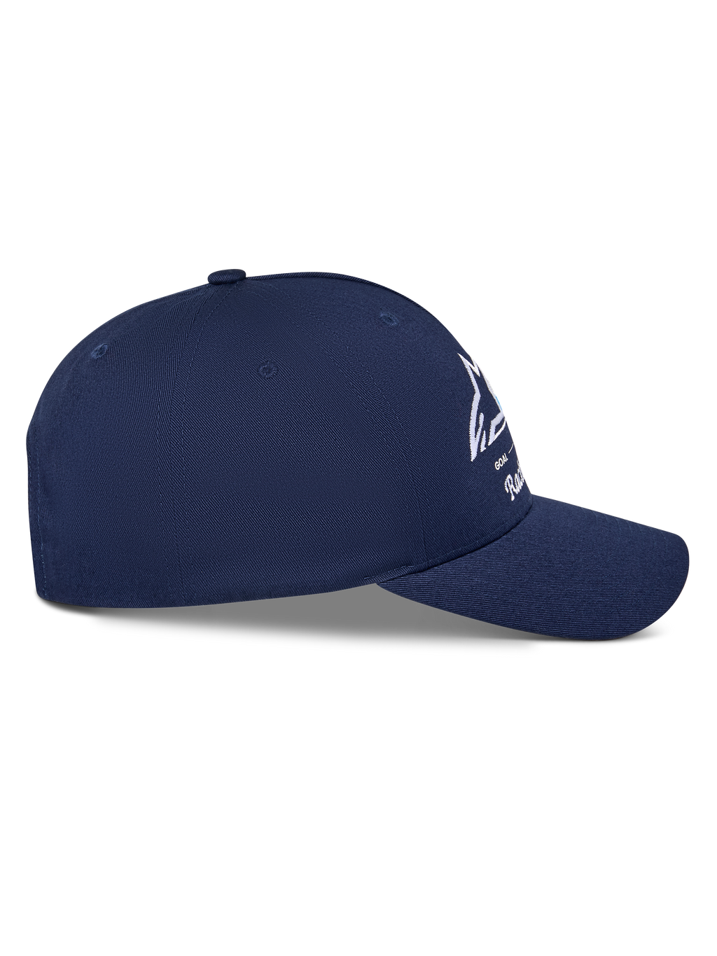 Czapka Alpinestars Trifecta Snapback, granatowa, widok z boku prezentujący zakrzywiony daszek i usztywnioną koronę, białe logo Astars z trójkolorowymi paskami, bawełniana tkanina twill, codzienna odzież motorsportowa