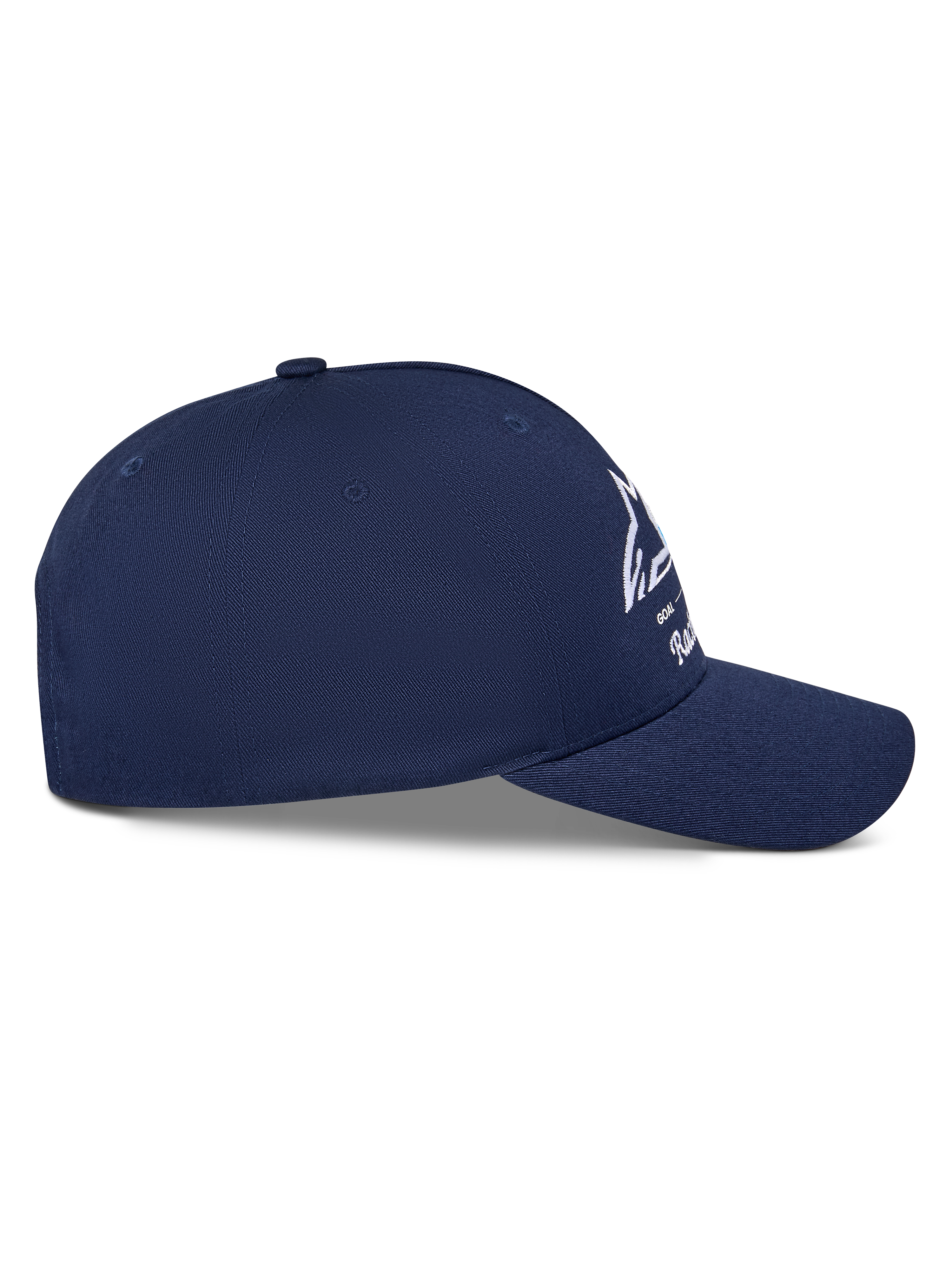 Czapka Alpinestars Trifecta Snapback, granatowa, widok z boku prezentujący zakrzywiony daszek i usztywnioną koronę, białe logo Astars z trójkolorowymi paskami, bawełniana tkanina twill, codzienna odzież motorsportowa