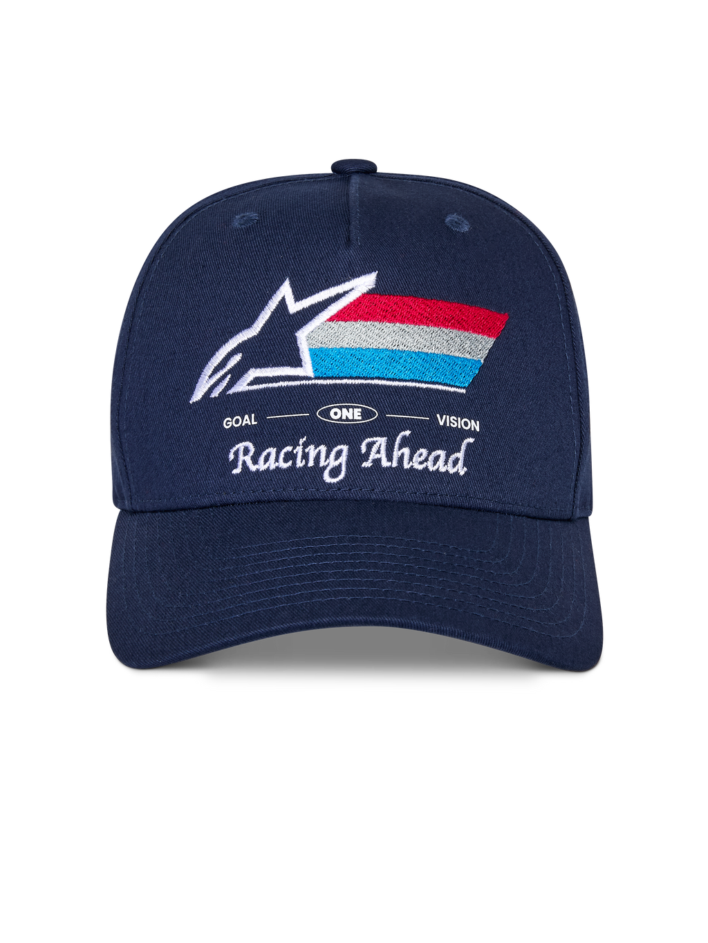 Alpinestars Trifecta Snapback Hat, granatowa czapka z zakrzywionym daszkiem, haftowane logo z przodu z białą gwiazdą i trójkolorowymi paskami, białe napisy „Racing Ahead” i „Goal One Vision”, usztywniona korona, codzienne nakrycie głowy inspirowane motorsportem