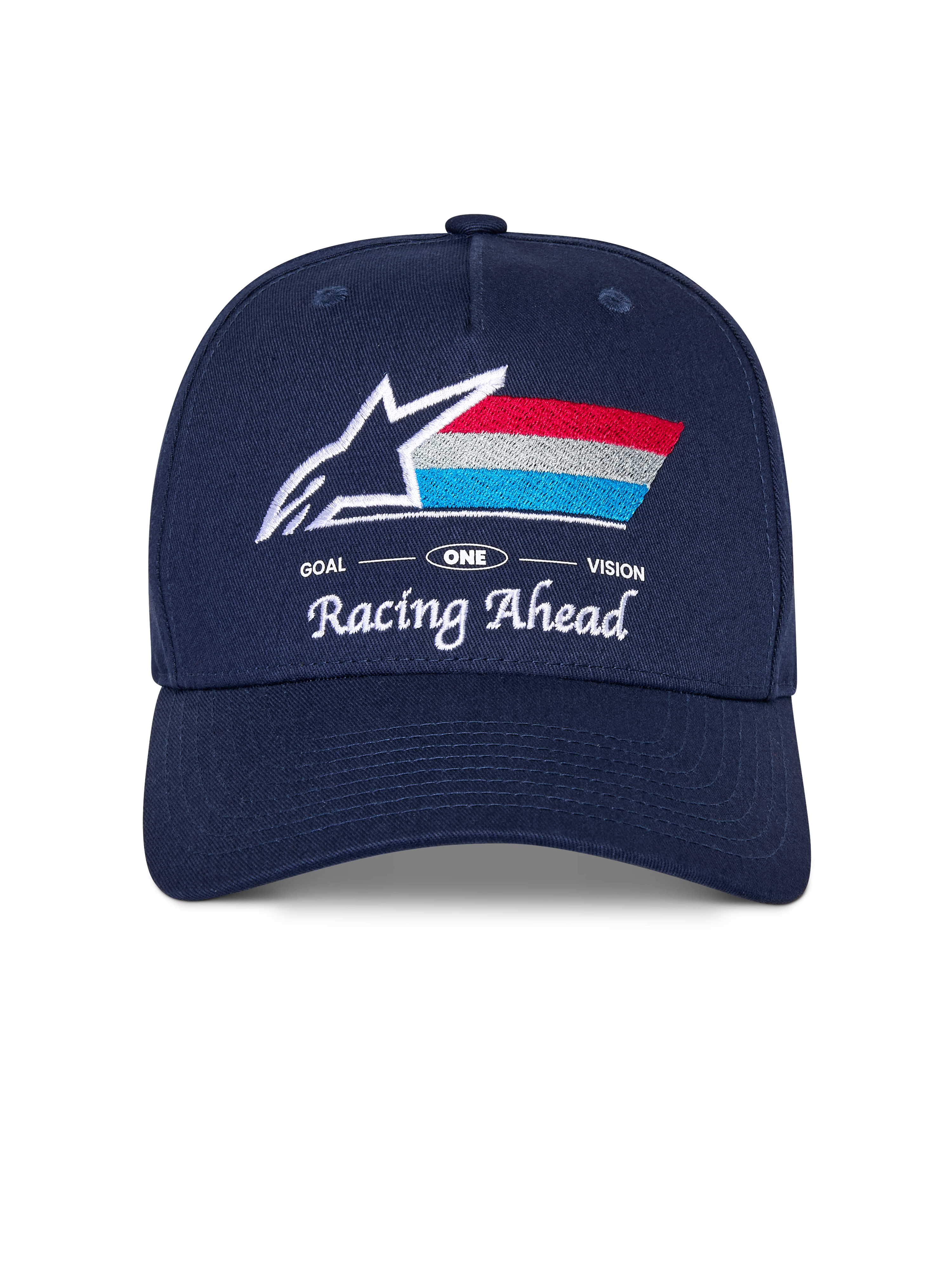 Alpinestars Trifecta Snapback Hat, granatowa czapka z zakrzywionym daszkiem, haftowane logo z przodu z białą gwiazdą i trójkolorowymi paskami, białe napisy „Racing Ahead” i „Goal One Vision”, usztywniona korona, codzienne nakrycie głowy inspirowane motorsportem
