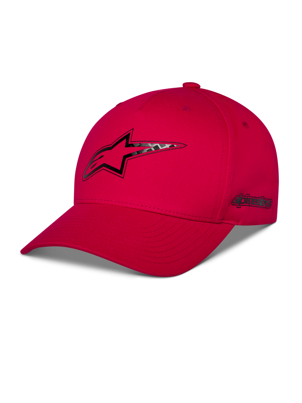 Alpinestars Carbon Fiber Snapback Hat, czerwona czapka z daszkiem, logo Astars z przodu i boczny napis z nadrukiem o wyglądzie włókna węglowego, zakrzywiony daszek, strukturalna korona, casualowy styl motorsportowy