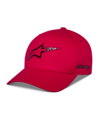 Alpinestars Carbon Fiber Snapback Hat, czerwona czapka z daszkiem, logo Astars z przodu i boczny napis z nadrukiem o wyglądzie włókna węglowego, zakrzywiony daszek, strukturalna korona, casualowy styl motorsportowy