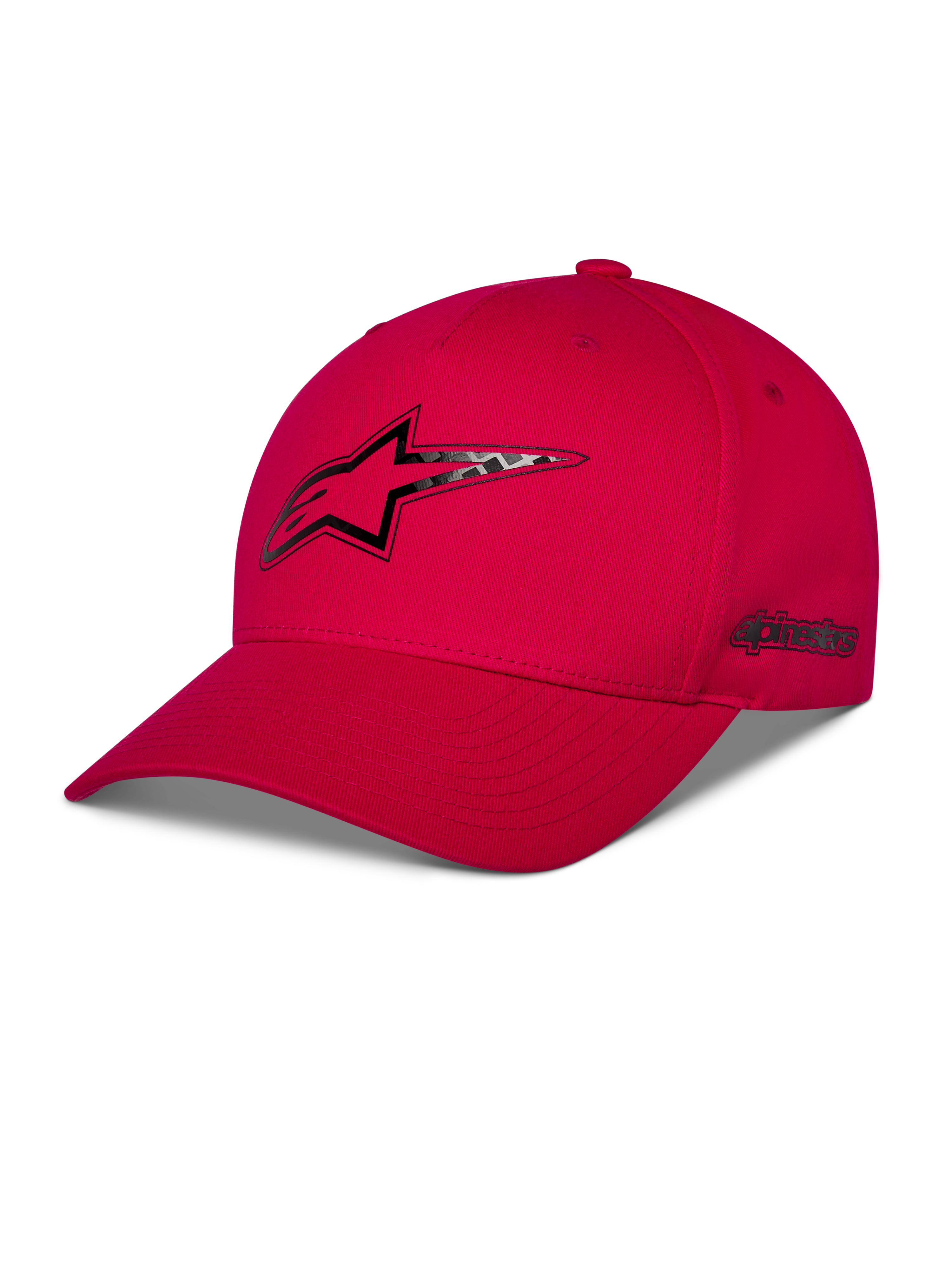 Alpinestars Carbon Fiber Snapback Hat, Red, front Astars logo and side wordmark with carbon fiber look heat transfer print, curved bill and structured crown, casual motorsport streetwear
