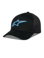 Alpinestars Ageless Shadow Trucker Hat, Black with blue and silver 3D embroidered star logo, features a curved bill and breathable mesh back panels, casual motorsport-inspired headwear