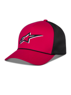 Alpinestars Ageless Shadow Trucker Hat, czerwono-czarna czapka z daszkiem typu trucker, czerwona usztywniona korona i zakrzywiony daszek, czarne panele z siatki z tyłu, biało-czarne haftowane logo Astars z przodu, codzienne nakrycie głowy inspirowane motorsportem