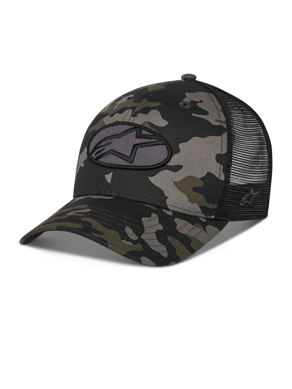 Alpinestars Oblique Camo Trucker Hat, czapka typu trucker w czarnym wzorze kamuflażu z czarną siateczką z tyłu, owalna haftowana naszywka z logo Astars z przodu, zakrzywiony daszek i strukturalna korona, casualowe nakrycie głowy inspirowane sportami motorowymi