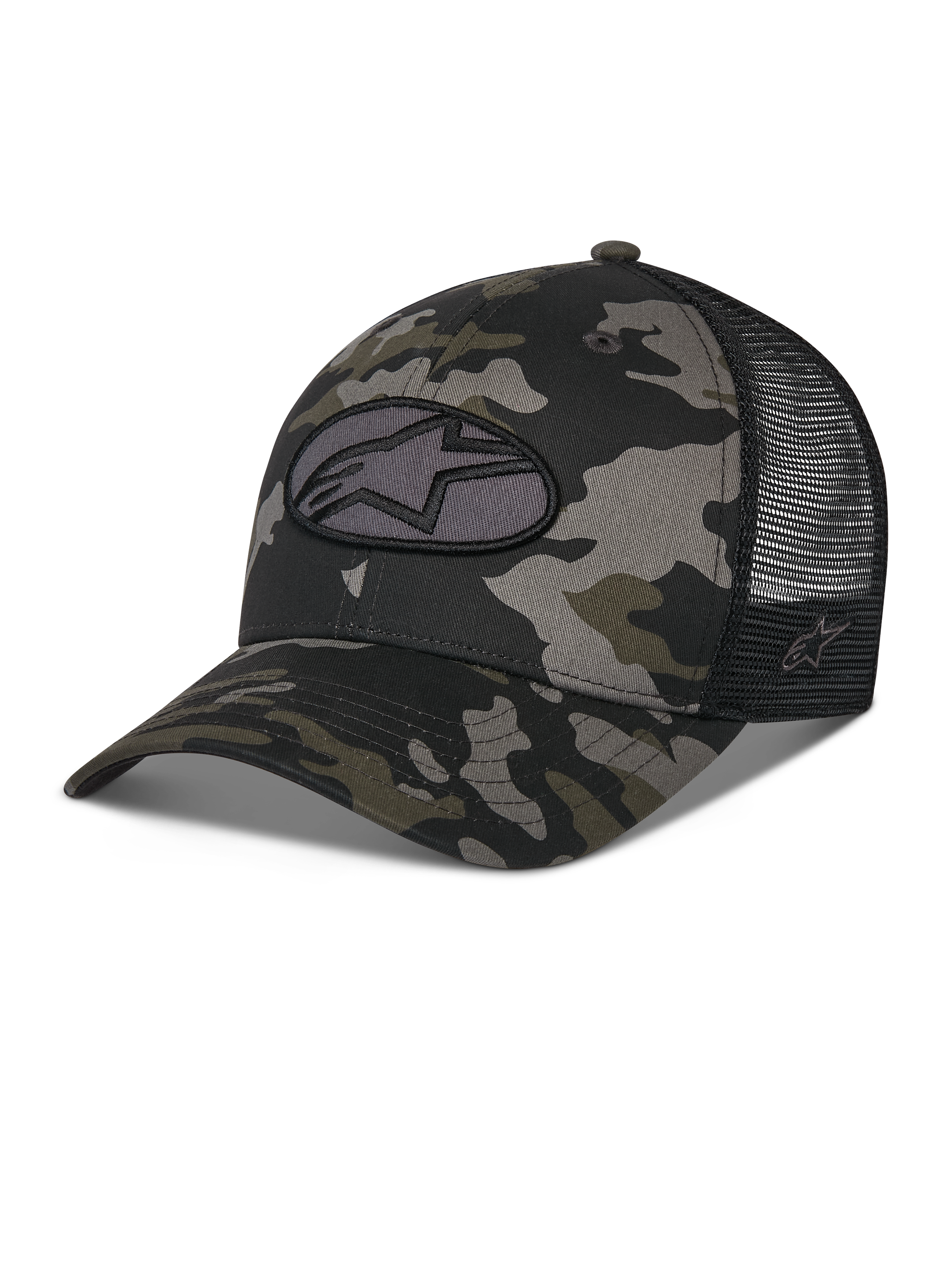 Alpinestars Oblique Camo Trucker Hat, czapka typu trucker w czarnym wzorze kamuflażu z czarną siateczką z tyłu, owalna haftowana naszywka z logo Astars z przodu, zakrzywiony daszek i strukturalna korona, casualowe nakrycie głowy inspirowane sportami motorowymi