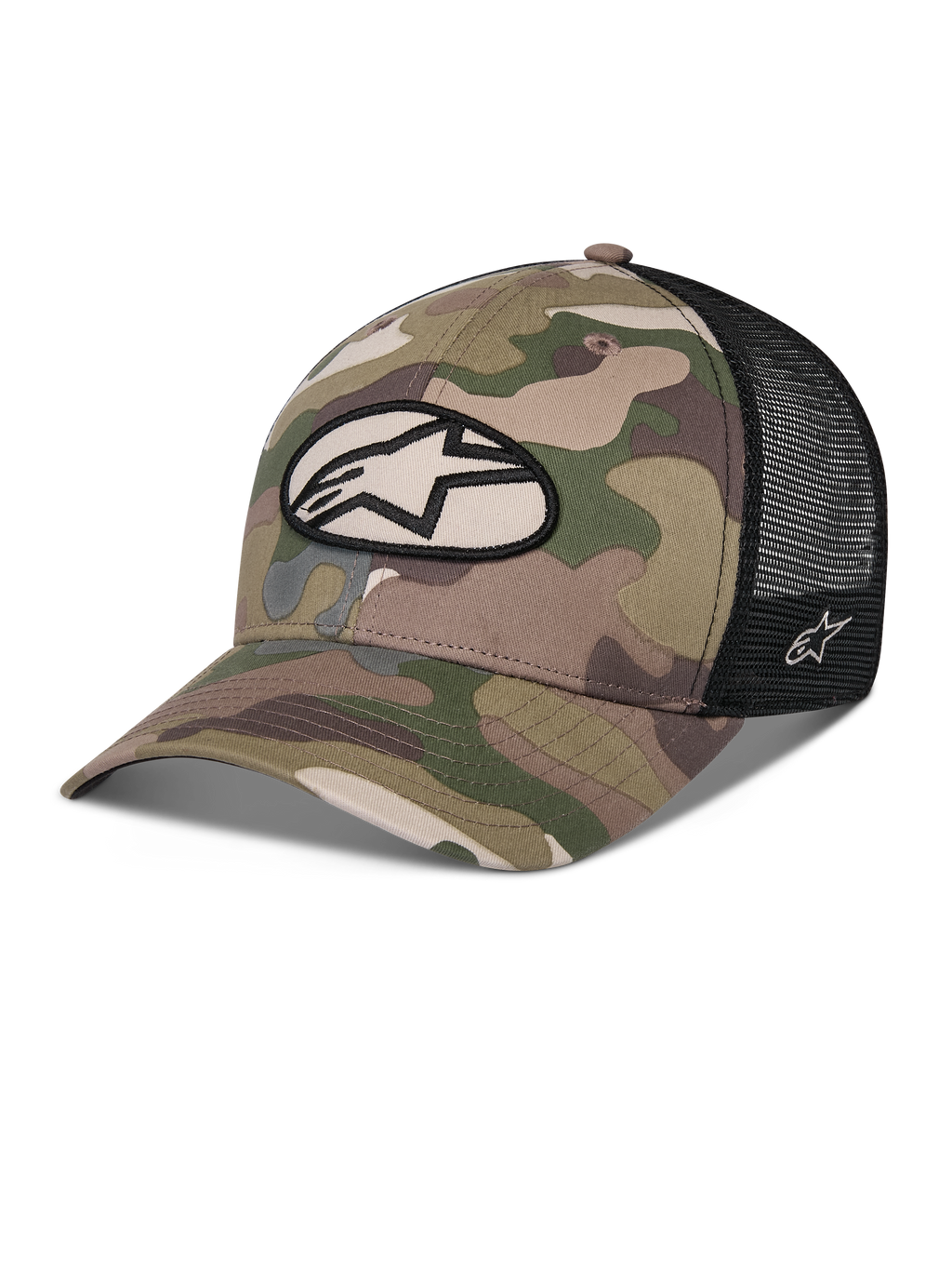 Alpinestars Oblique Camo Trucker Hat, zielony kamuflaż i czarny, przód z twillu w kamuflażu z czarną siateczką z tyłu, owalna naszywka z logo Alpinestars na przodzie, zakrzywiony daszek, sportowe nakrycie głowy