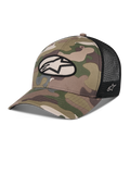 Alpinestars Oblique Camo Trucker Hat, zielony kamuflaż i czarny, przód z twillu w kamuflażu z czarną siateczką z tyłu, owalna naszywka z logo Alpinestars na przodzie, zakrzywiony daszek, sportowe nakrycie głowy