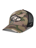 Alpinestars Oblique Camo Trucker Hat, zielony kamuflaż i czarny, przód z twillu w kamuflażu z czarną siateczką z tyłu, owalna naszywka z logo Alpinestars na przodzie, zakrzywiony daszek, sportowe nakrycie głowy