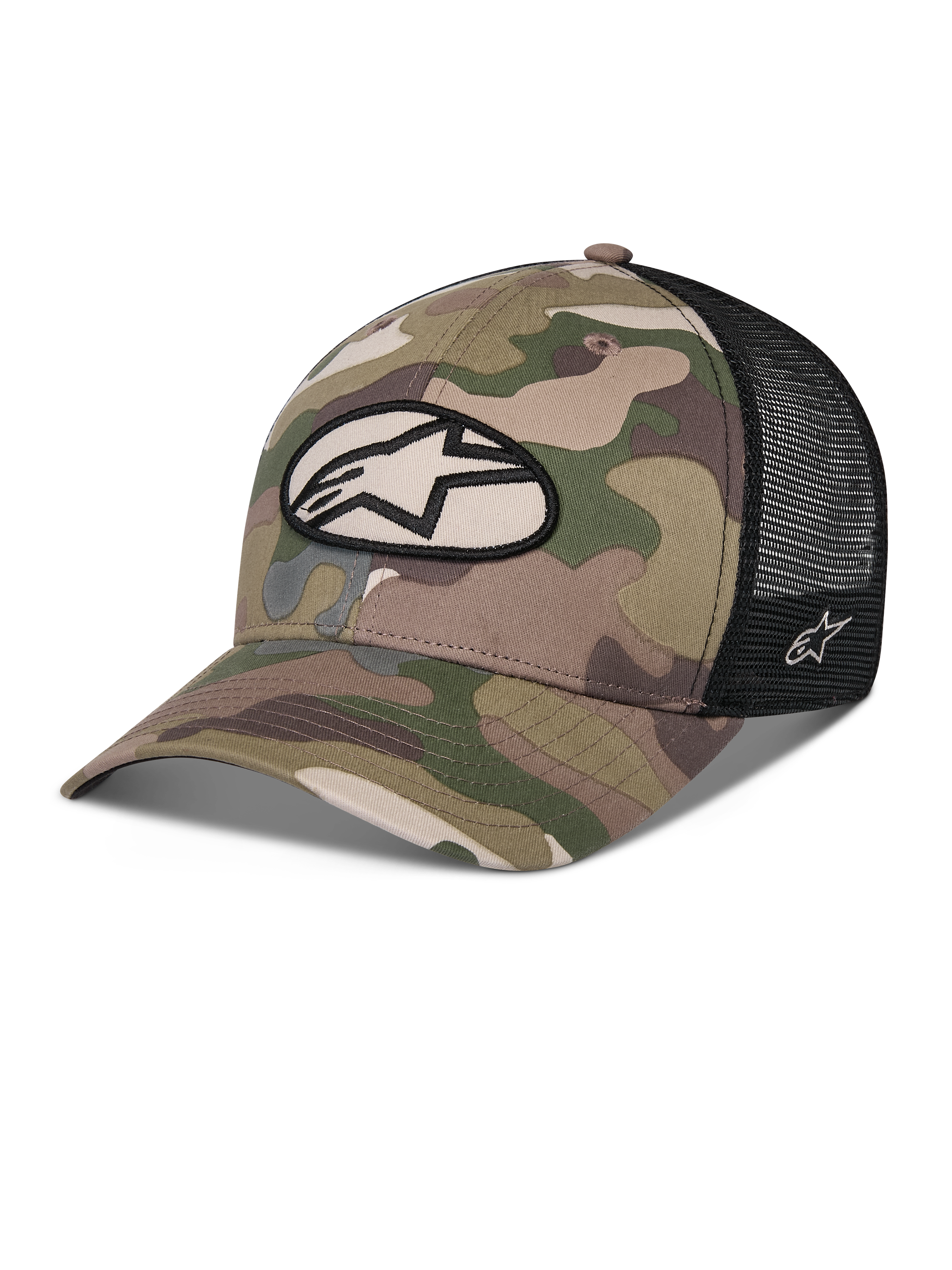 Alpinestars Oblique Camo Trucker Hat, zielony kamuflaż i czarny, przód z twillu w kamuflażu z czarną siateczką z tyłu, owalna naszywka z logo Alpinestars na przodzie, zakrzywiony daszek, sportowe nakrycie głowy