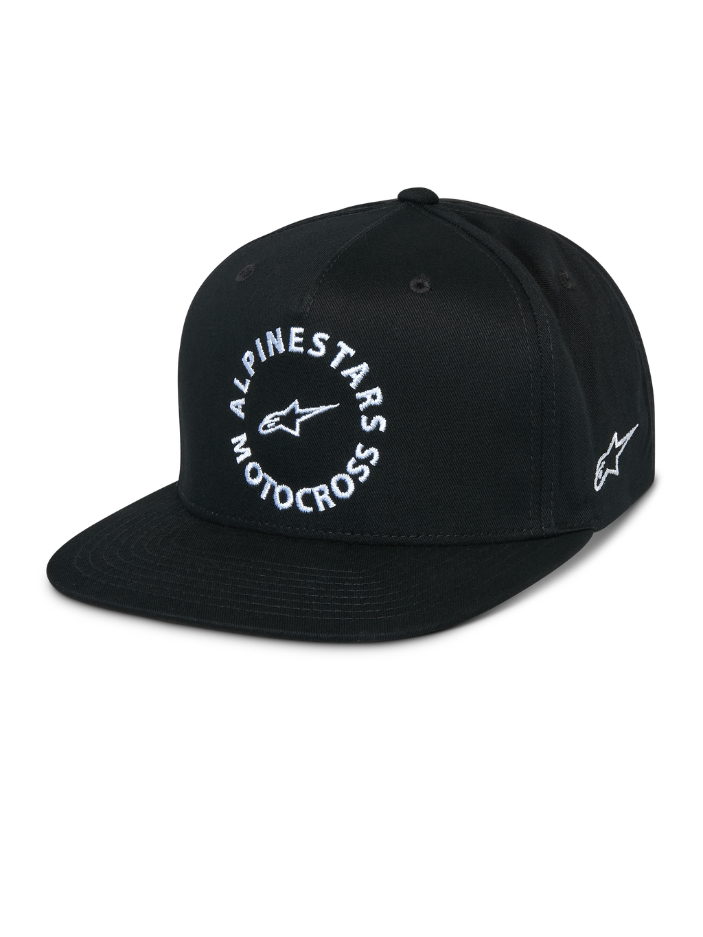 Alpinestars MX Snapback Hat, czarna czapka z płaskim daszkiem, usztywniona korona, biała okrągła grafika Alpinestars Motocross z przodu, haftowane logo Astars z boku, 100% bawełna twill, casualowa odzież motorsportowa