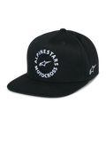 Alpinestars MX Snapback Hat, czarna czapka z płaskim daszkiem, usztywniona korona, biała okrągła grafika Alpinestars Motocross z przodu, haftowane logo Astars z boku, 100% bawełna twill, casualowa odzież motorsportowa