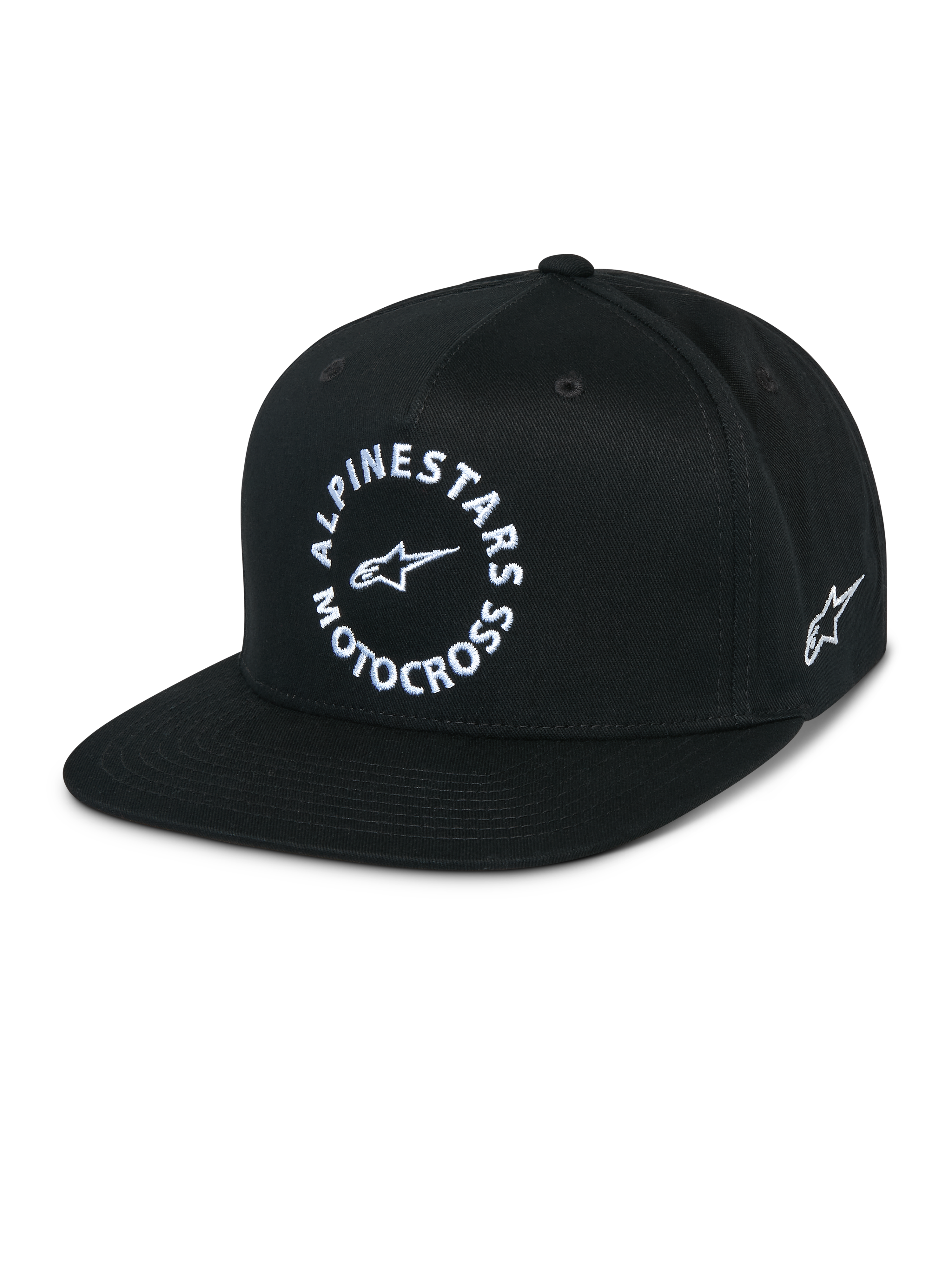 Alpinestars MX Snapback Hat, czarna czapka z płaskim daszkiem, usztywniona korona, biała okrągła grafika Alpinestars Motocross z przodu, haftowane logo Astars z boku, 100% bawełna twill, casualowa odzież motorsportowa