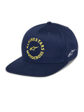 Alpinestars MX Snapback Hat, granatowa czapka z daszkiem, płaski daszek i strukturalna korona, z przodu żółta haftowana grafika Alpinestars Motocross, z boku białe logo Astars, bawełna twill, casualowe nakrycie głowy w stylu motorsport