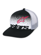 Alpinestars Component Trucker Hat, Black and White, flat bill with structured crown, breathable white mesh back, front panel featuring a red Astars logo outline and black wordmark with MX gradation design, casual motorsport headwear