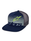 Alpinestars Component Trucker Hat, granatowo-szara czapka typu trucker, płaski daszek i usztywniana korona, szara siateczka z tyłu, limonkowy obrys logo Astars i granatowy logotyp na szarym przednim panelu z nakrapianą gradacją MX