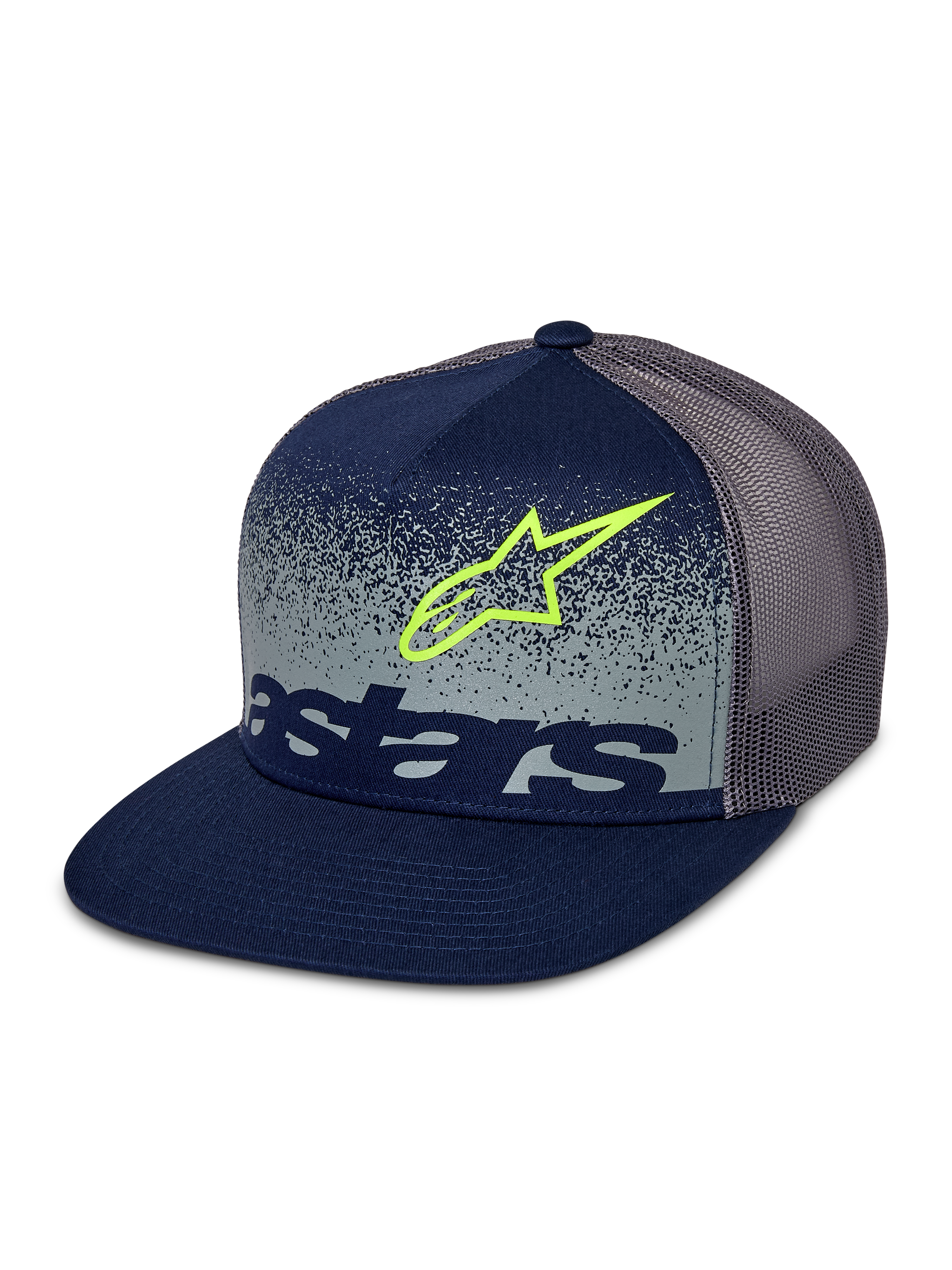 Alpinestars Component Trucker Hat, granatowo-szara czapka typu trucker, płaski daszek i usztywniana korona, szara siateczka z tyłu, limonkowy obrys logo Astars i granatowy logotyp na szarym przednim panelu z nakrapianą gradacją MX