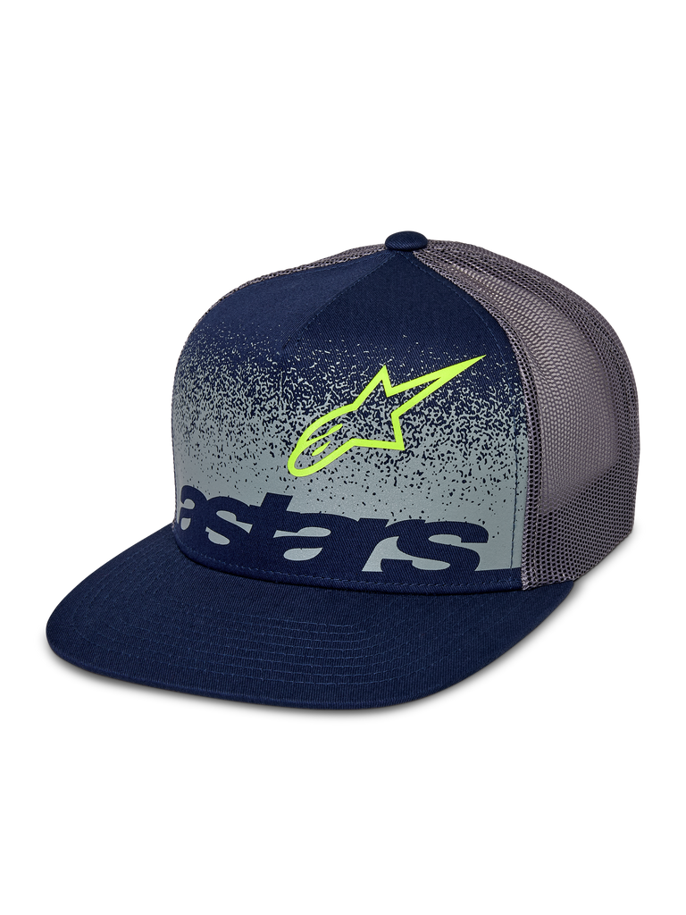 Alpinestars Component Trucker Hat, granatowo-szara czapka typu trucker, płaski daszek i usztywniana korona, szara siateczka z tyłu, limonkowy obrys logo Astars i granatowy logotyp na szarym przednim panelu z nakrapianą gradacją MX