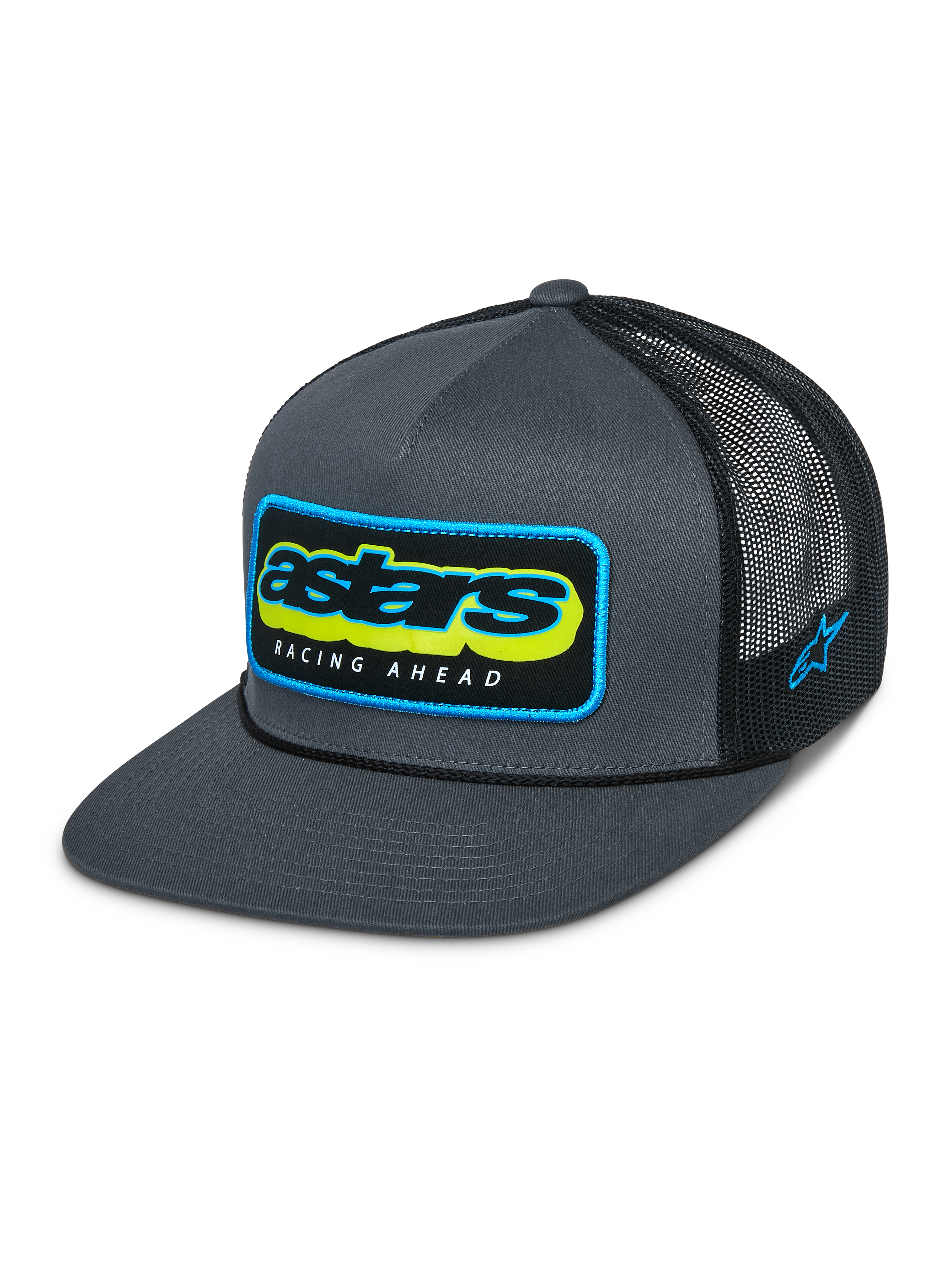 Alpinestars Phosphor Trucker Hat, ciemnoszara czapka typu trucker, szary przód z twillu i czarna siateczka z tyłu, wielokolorowe logo Astars z napisem „Racing Ahead”, płaski daszek, haftowane logo z boku, sportowy styl
