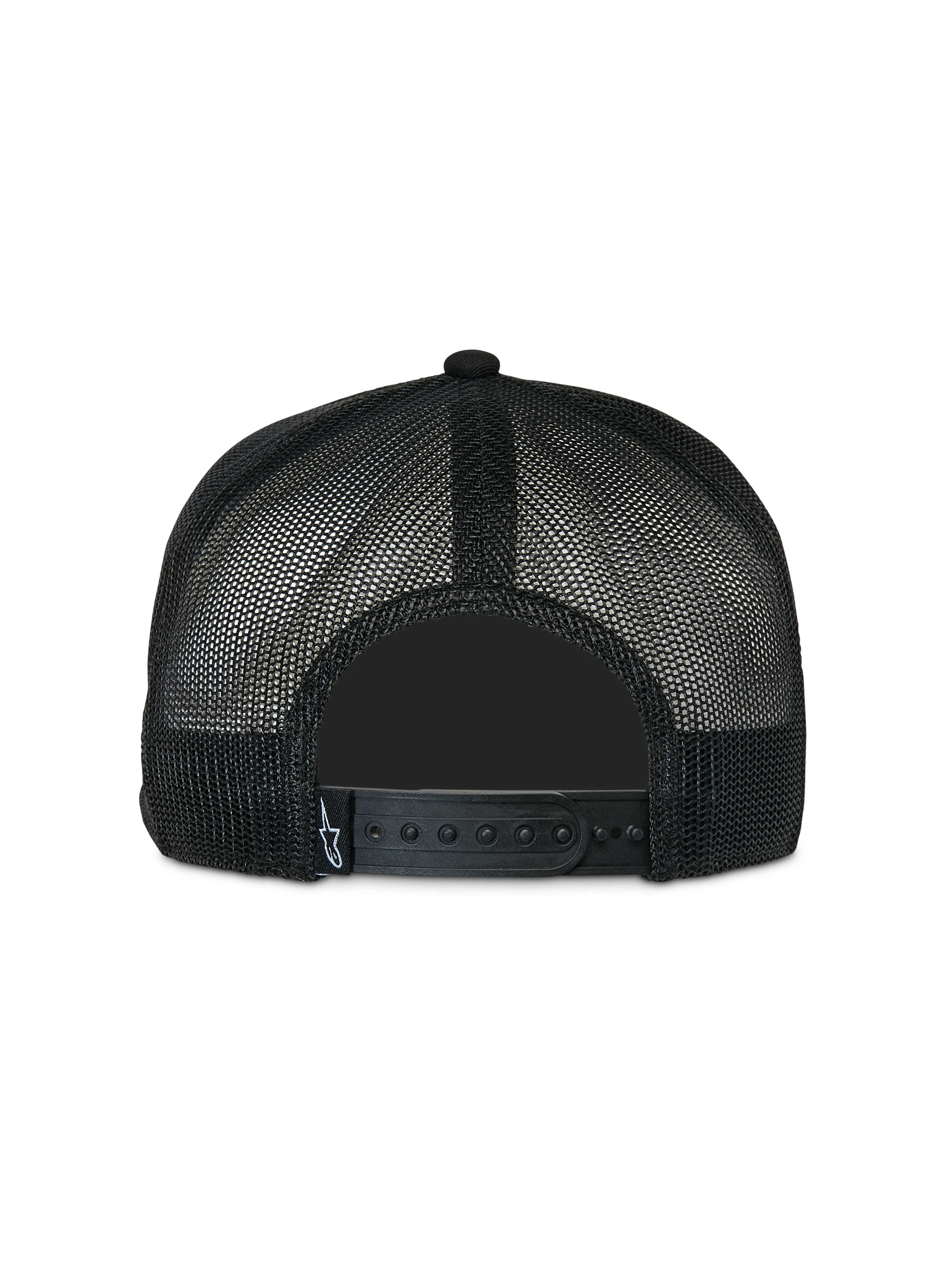 Alpinestars Contender Trucker Hat, czarna, widok z tyłu z poliestrową siateczką i regulowanym zapięciem snapback, mała biała metka z logo Astars, codzienne nakrycie głowy inspirowane sportami motorowymi