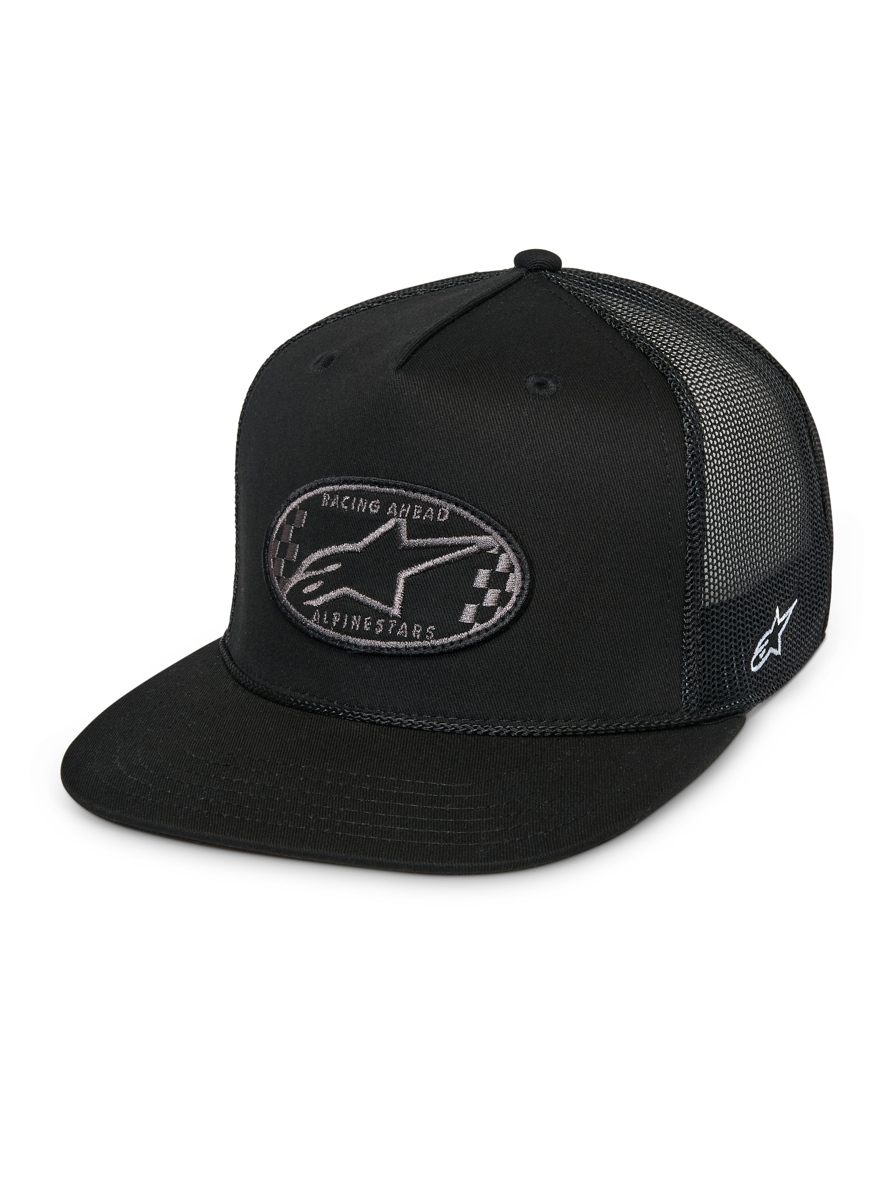 Alpinestars Contender Trucker Hat, czarna czapka typu snapback, płaski daszek, przednia owalna naszywka z logo Astars w szachownicę i napisem Racing Ahead, czarny tył z siateczki, haftowane logo z boku, casualowa odzież streetwear w stylu motorsport