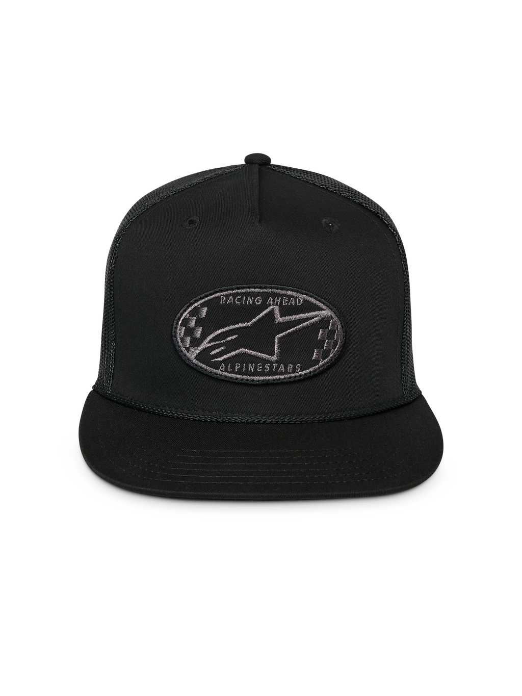 Alpinestars Contender Trucker Hat, czarna czapka typu trucker z płaskim daszkiem, owalna haftowana naszywka z logo Astars i motywem szachownicy, siateczkowy tył, sportowe nakrycie głowy