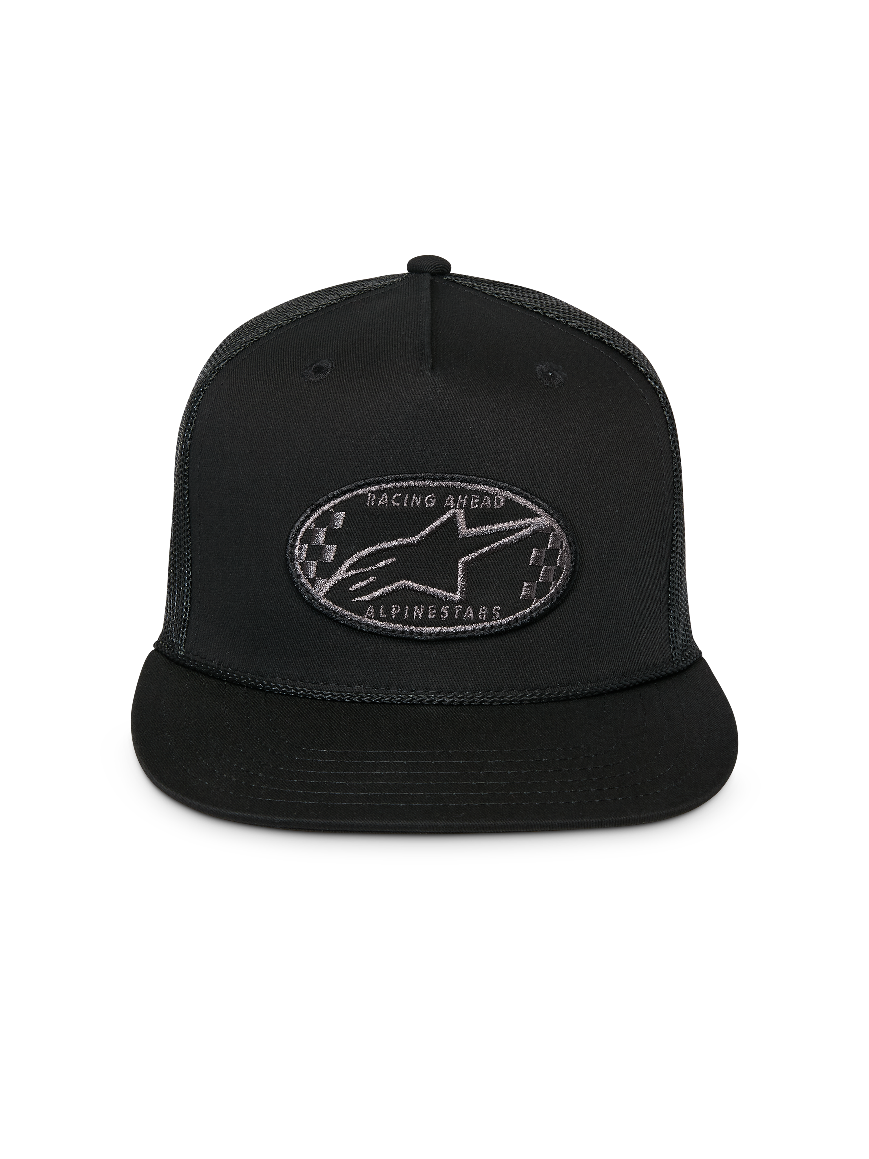 Alpinestars Contender Trucker Hat, czarna czapka typu trucker z płaskim daszkiem, owalna haftowana naszywka z logo Astars i motywem szachownicy, siateczkowy tył, sportowe nakrycie głowy