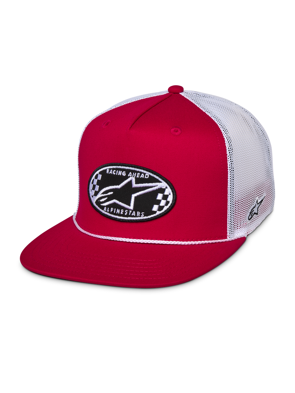 Alpinestars Contender Trucker Hat, czerwono-biała czapka z płaskim daszkiem, owalna haftowana naszywka Astars w szachownicę, biała siateczka z tyłu, casualowy styl motorsport