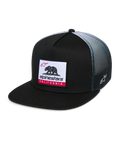 Alpinestars Cali Gradient Trucker Hat, Trucker Cap, Black with grey gradient mesh back, featuring a Cali Bear woven label patch with red accents, flat bill, side Astars logo embroidery, casual sportswear