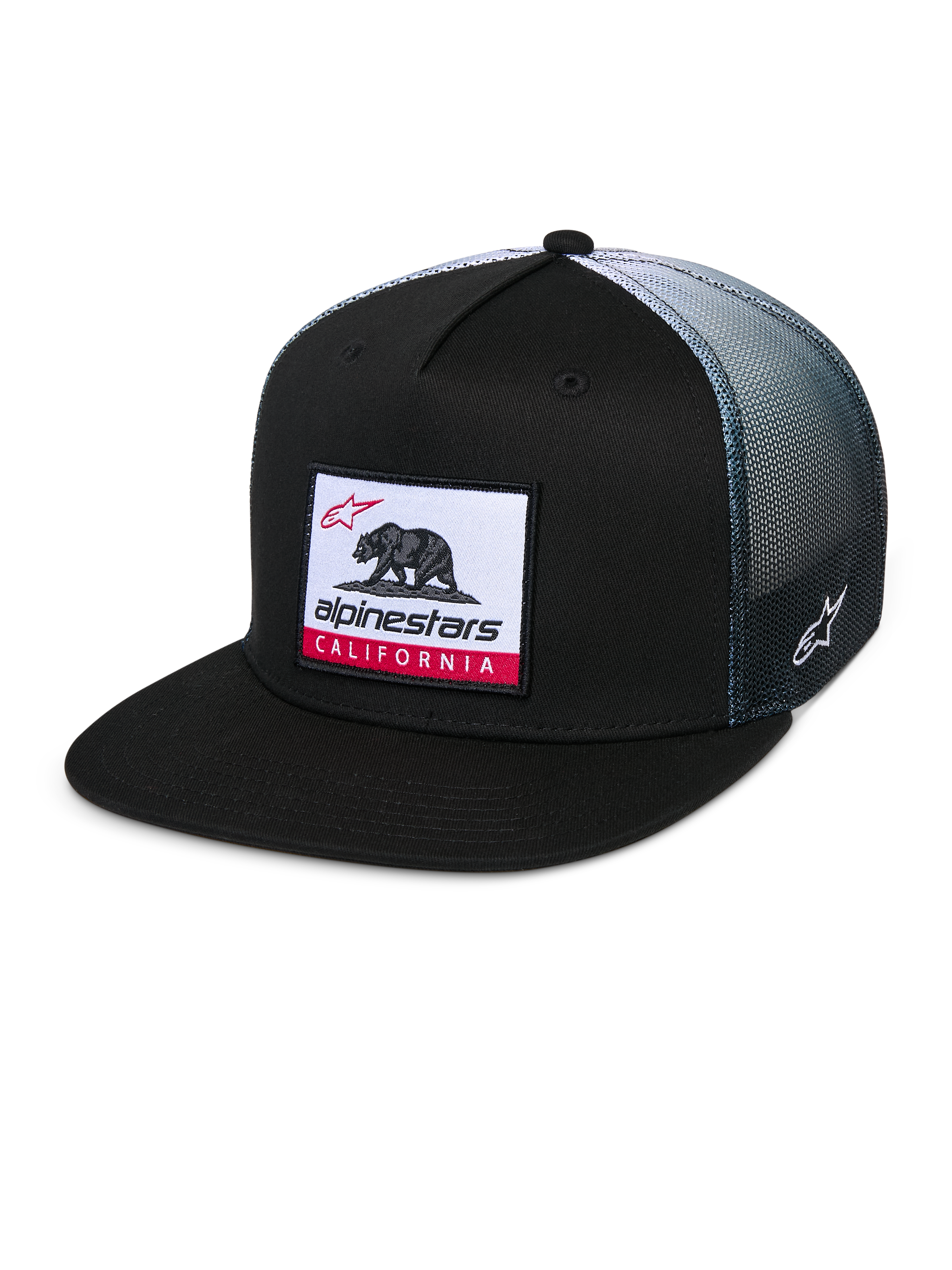 Alpinestars Cali Gradient Trucker Hat, czapka typu trucker, czarna z szarym gradientowym tyłem z siatki, tkana naszywka Cali Bear z czerwonymi akcentami, płaski daszek, haftowane logo Astars z boku, sportowa stylistyka