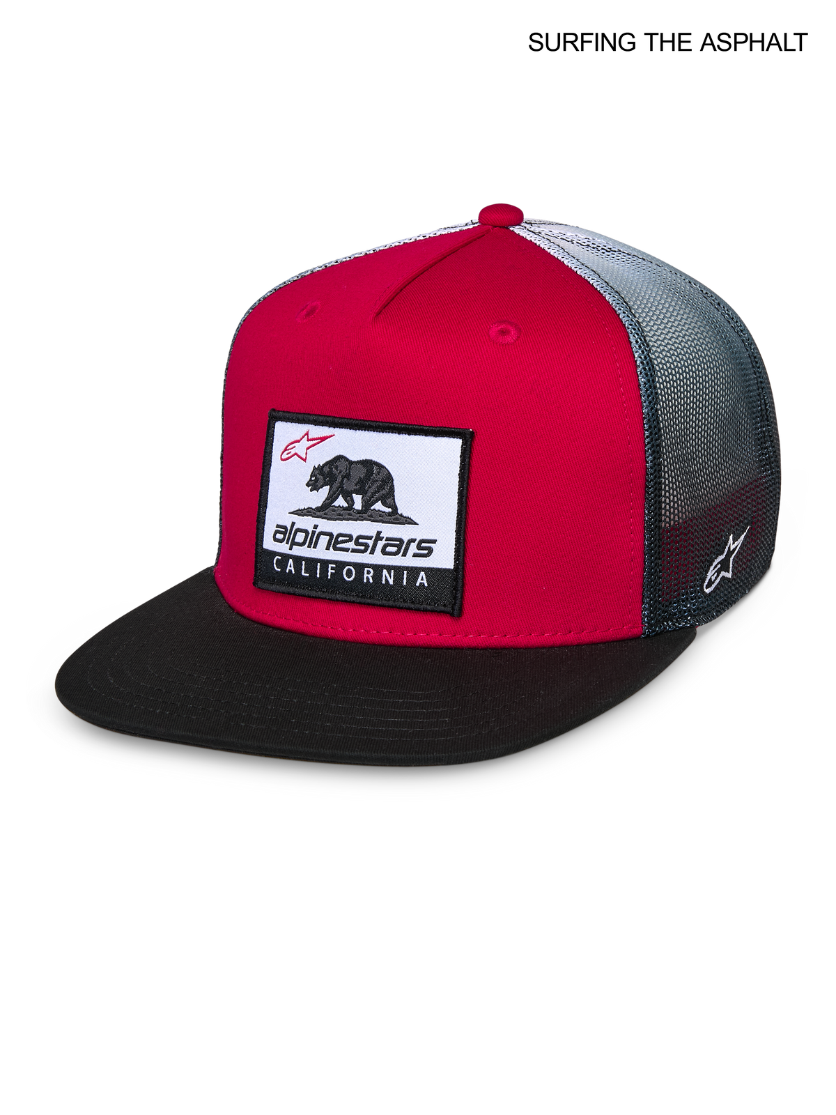Alpinestars Czapka Z Daszkiem Cali Gradient, płaski daszek snapback, czerwona, czarna i biała, z naszywką Cali Bear z przodu i przewiewną siatką z tyłu
